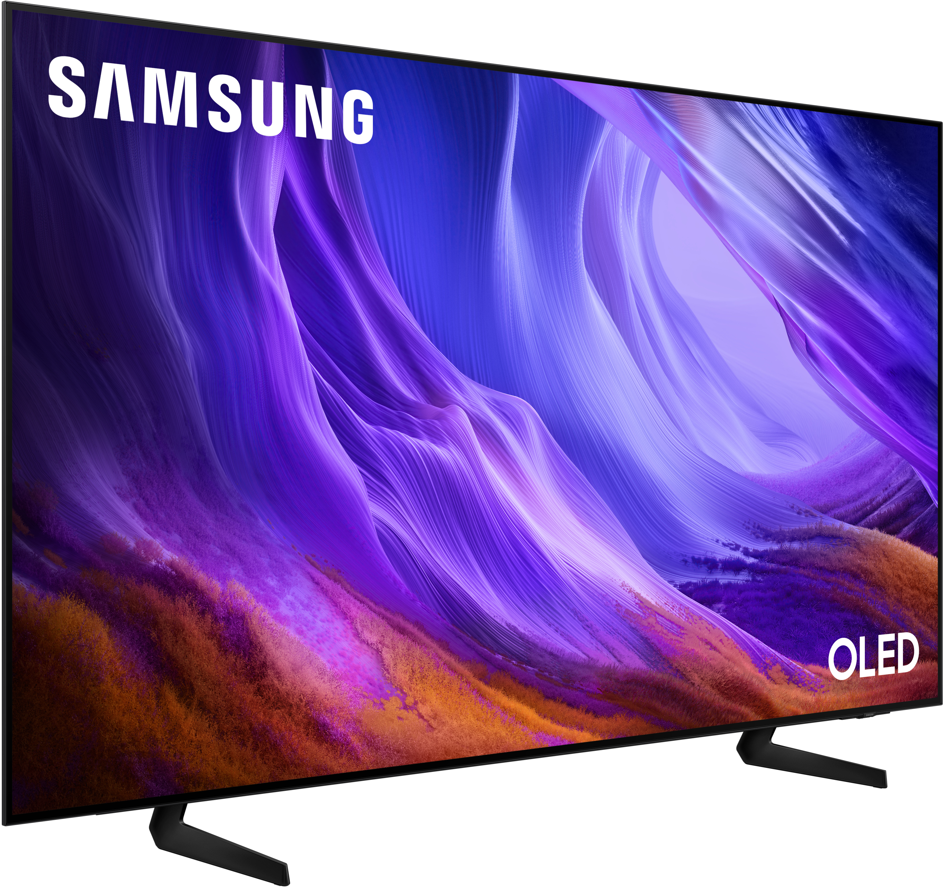 Ein Samsung OLED Fernseher mit einem abstrakten violetten und orangen Hintergrund.