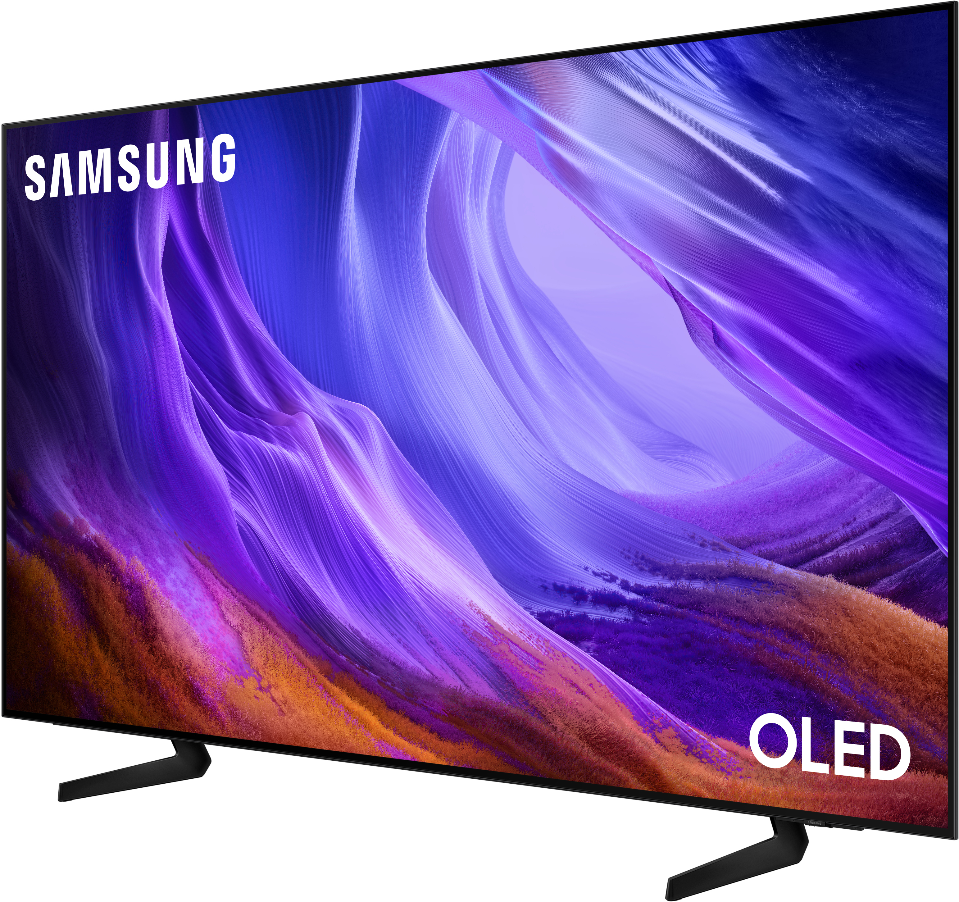 Samsung OLED TV mit abstrakter violetter und orangefarbener Bildschirmanzeige auf schwarzem Ständer.