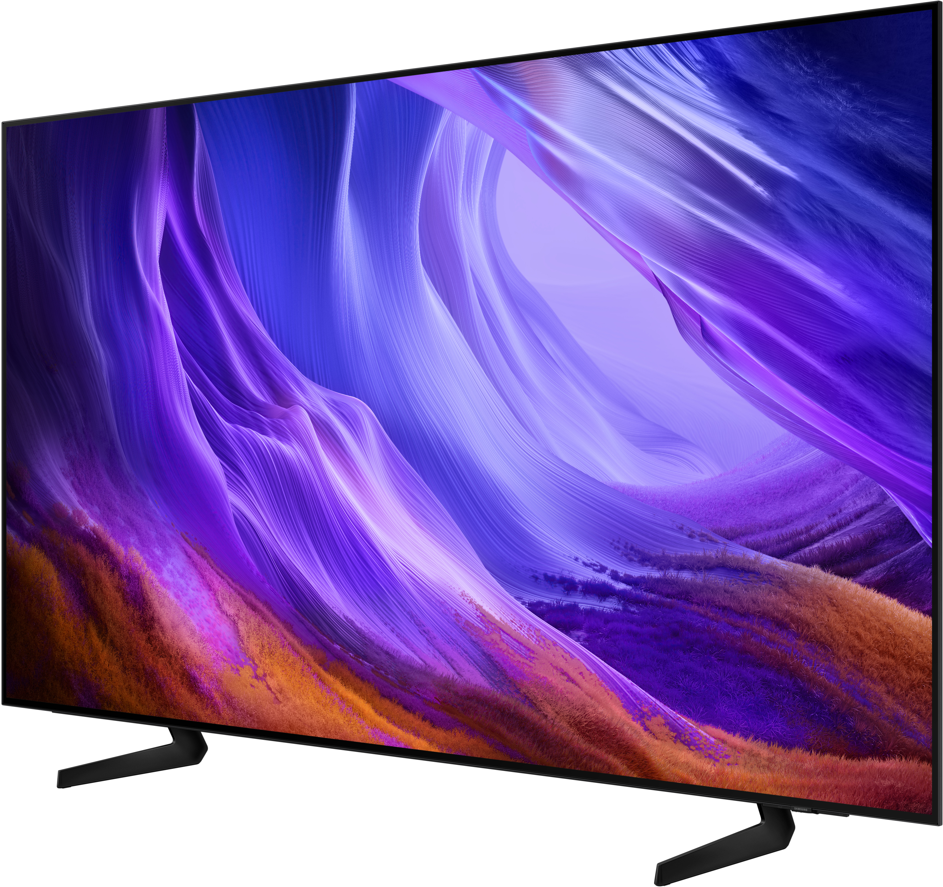 Ein moderner Fernseher mit einem lebendigen, abstrakten Hintergrund in Lila und Orange.