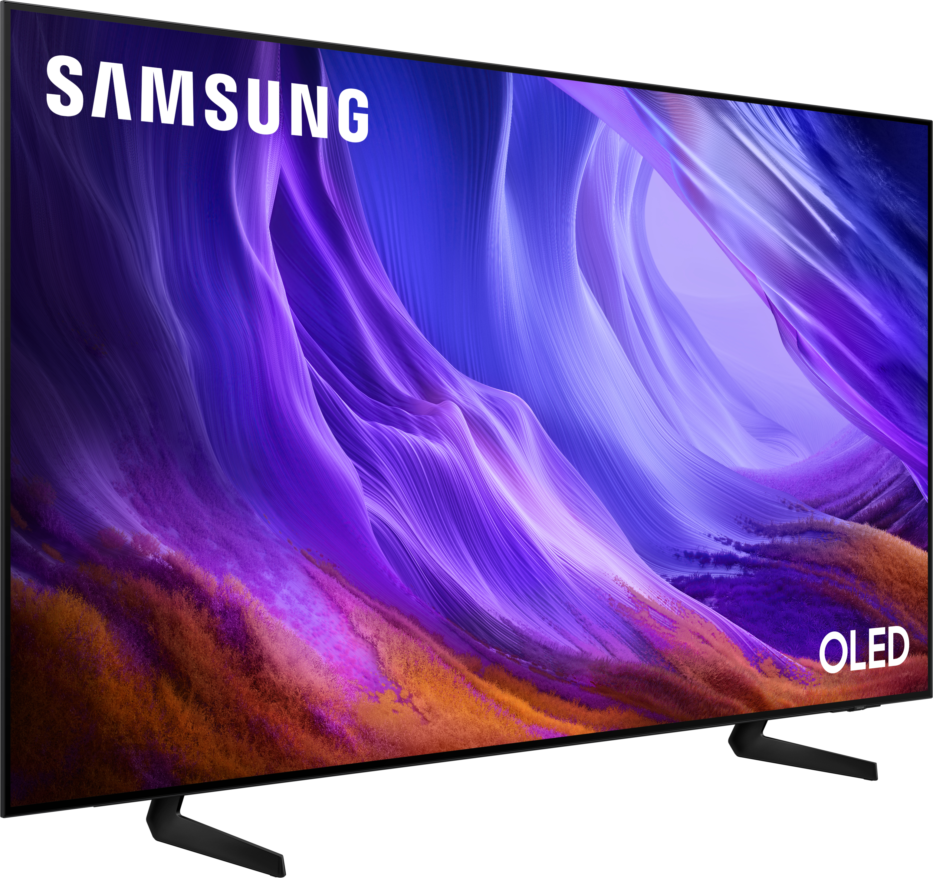 Ein Samsung OLED Fernseher mit einem abstrakten, lila und orangefarbenen Bildschirmschoner.