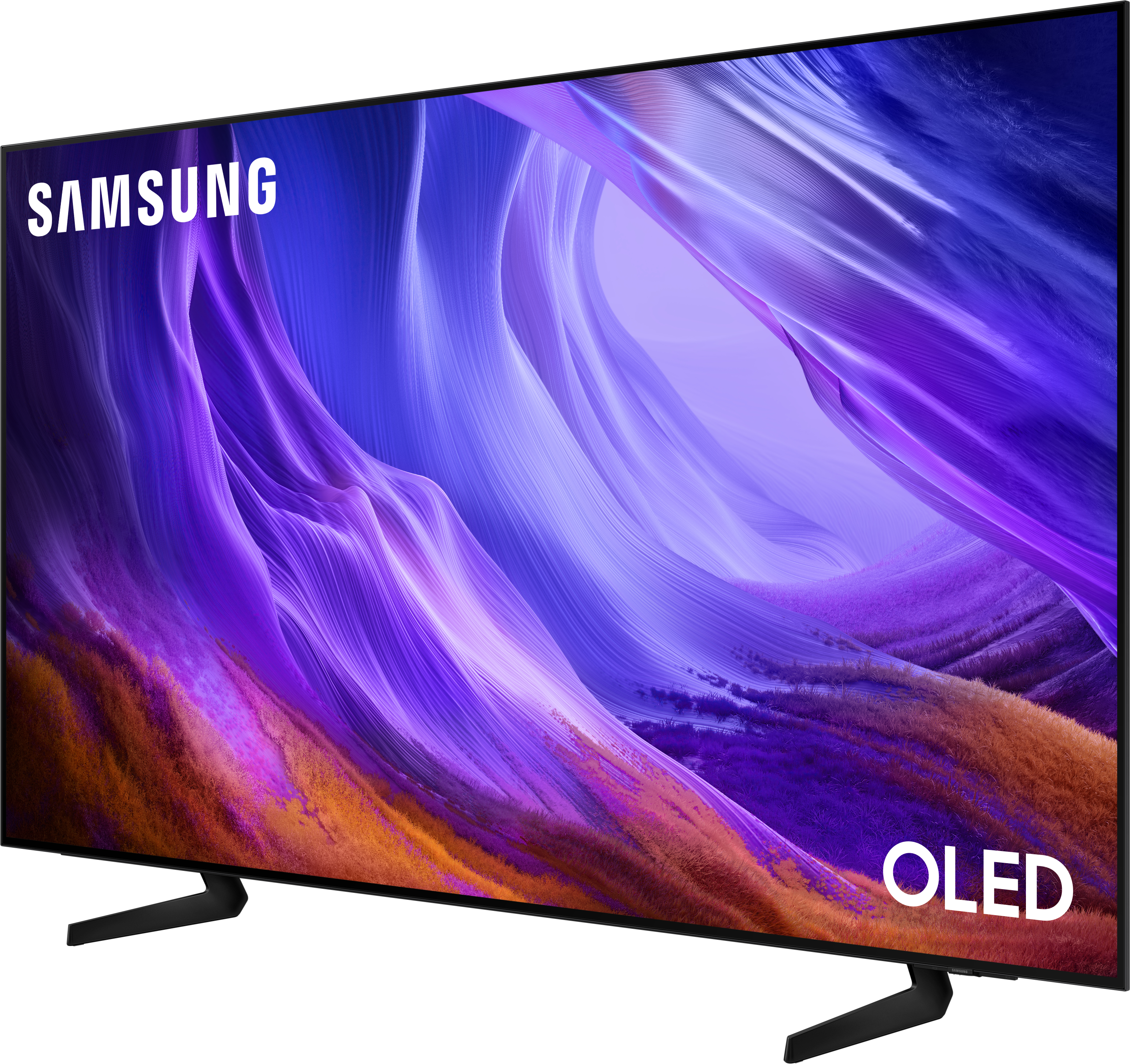 Samsung OLED TV mit abstraktem lila und orangefarbenem Bildschirm auf schwarzem Ständer.