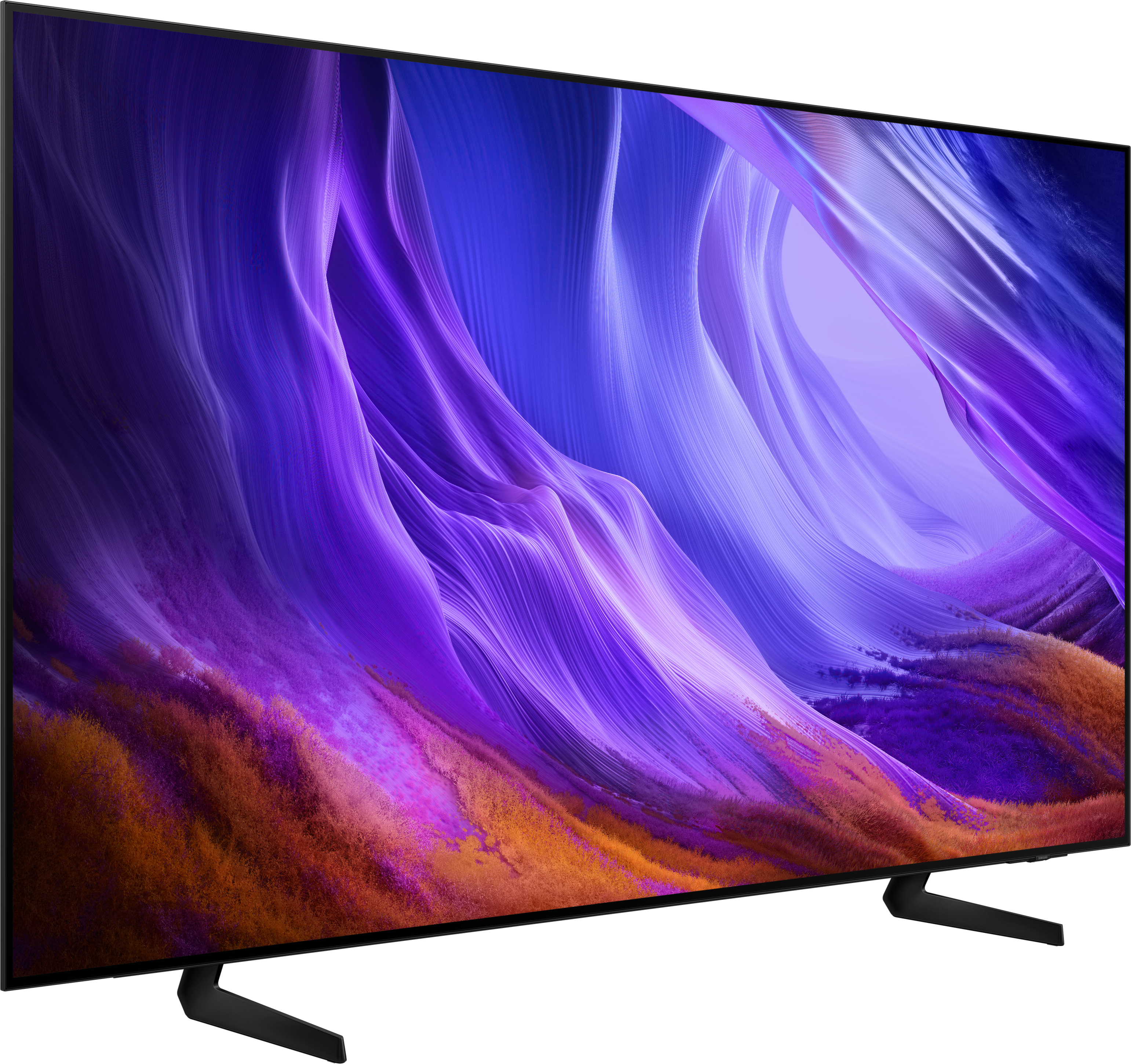 Ein moderner Fernseher mit einem lebendigen, abstrakten Hintergrund in Lila und Orange.