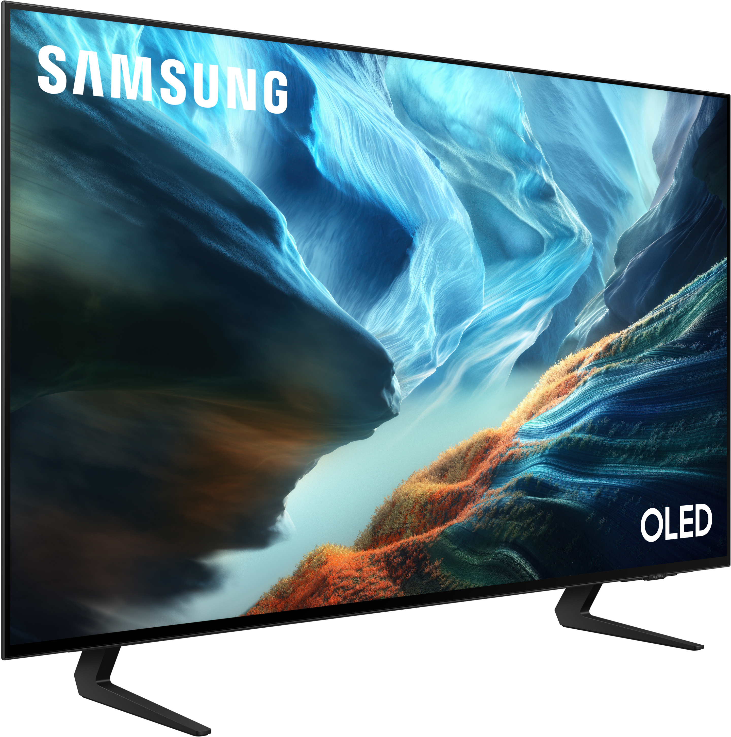 Ein Samsung OLED-Fernseher mit einem Berg- und Canyon-Hintergrund in Blau- und Orangetönen.