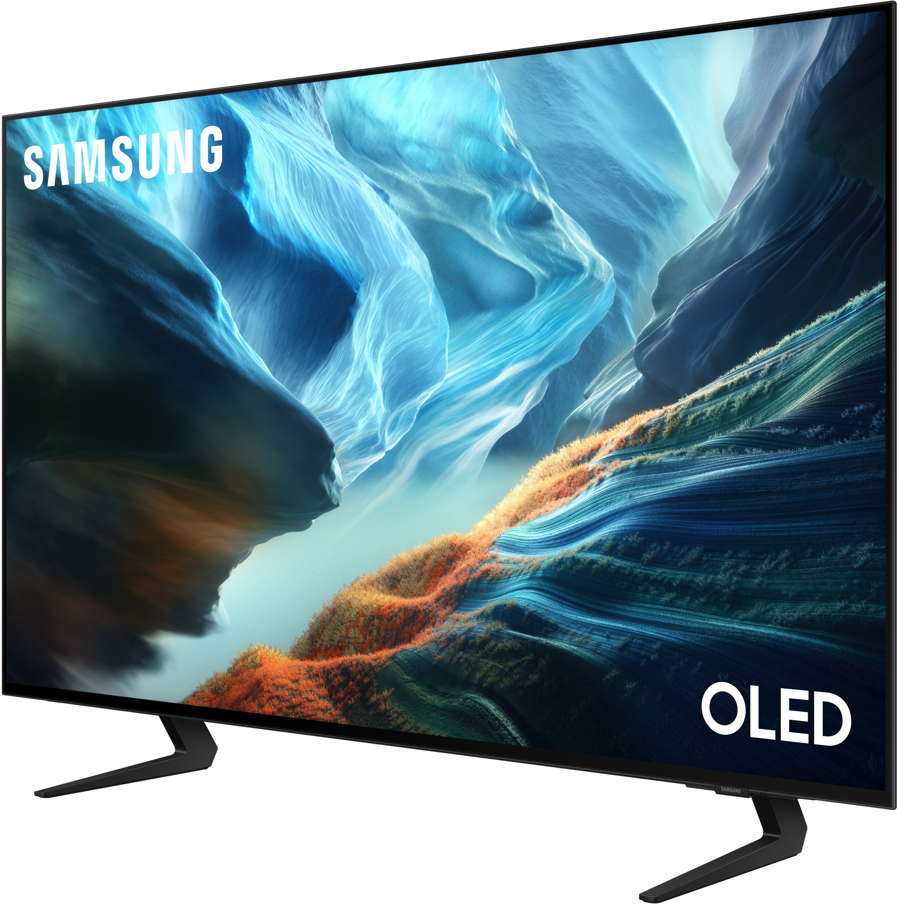 Ein Samsung OLED-Fernseher mit einem abstrakten, blauen und orangen Bildschirminhalt.