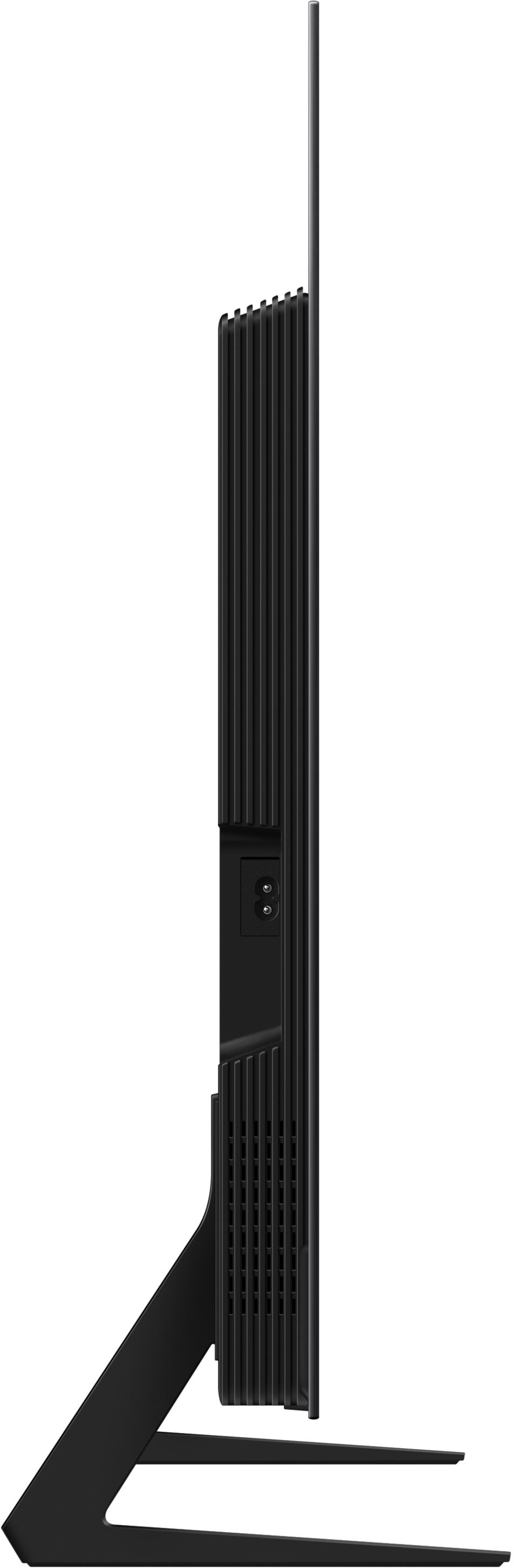 Schwarzer Fernseher im Profil mit Lüftungsschlitzen und Standfuß.