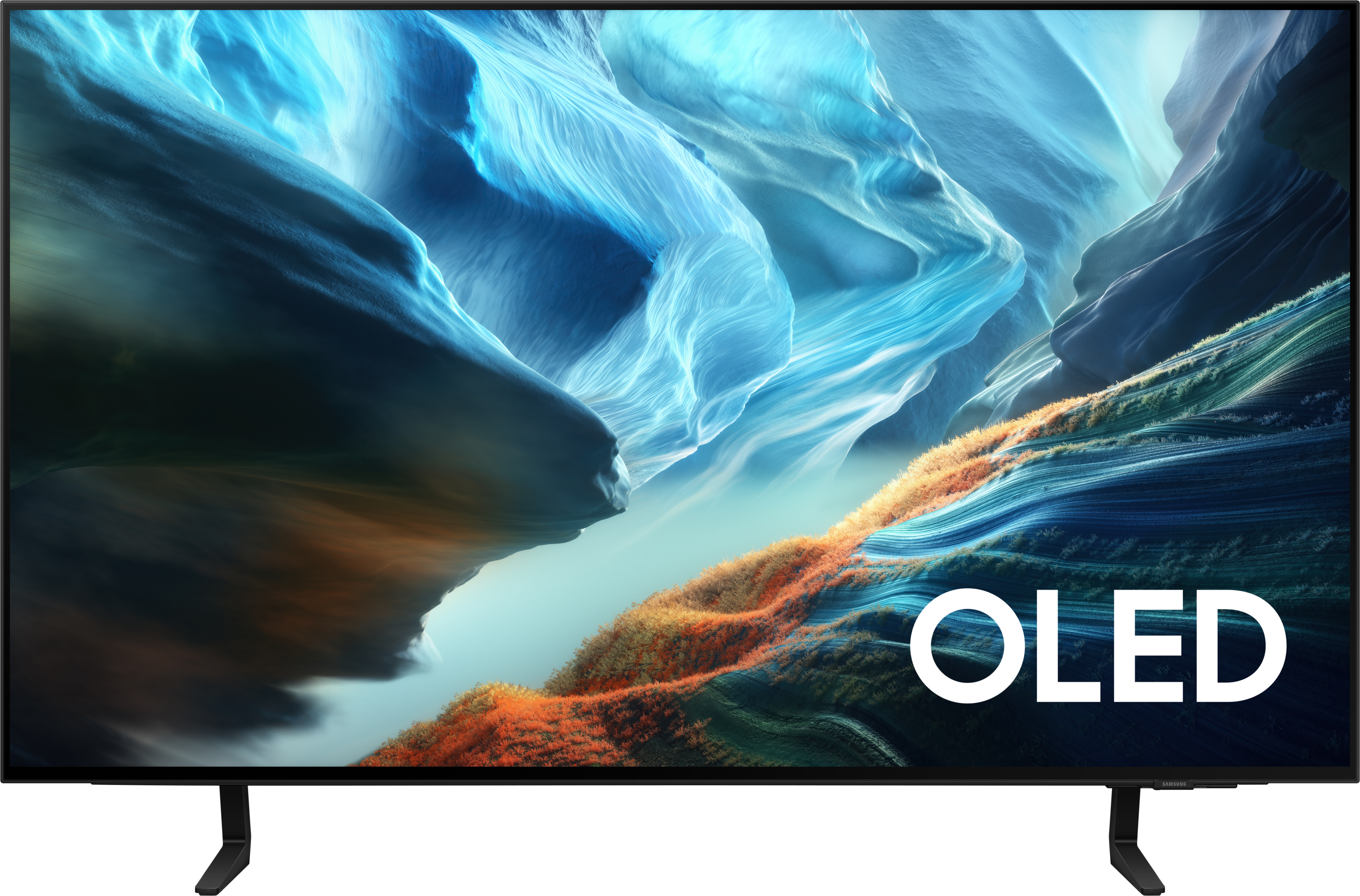 Ein moderner OLED-Fernseher mit einem abstrakten, farbenfrohen Hintergrund.