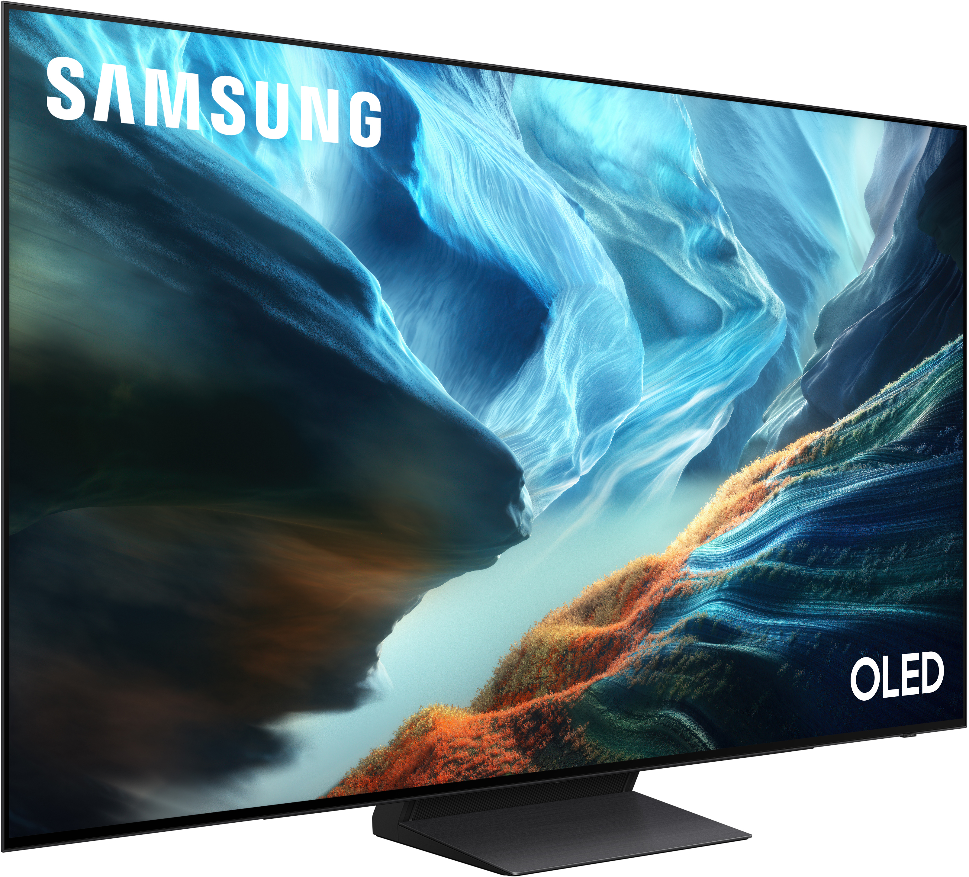 Ein Samsung OLED Fernseher mit abstraktem Hintergrund in Blau- und Orangetönen.