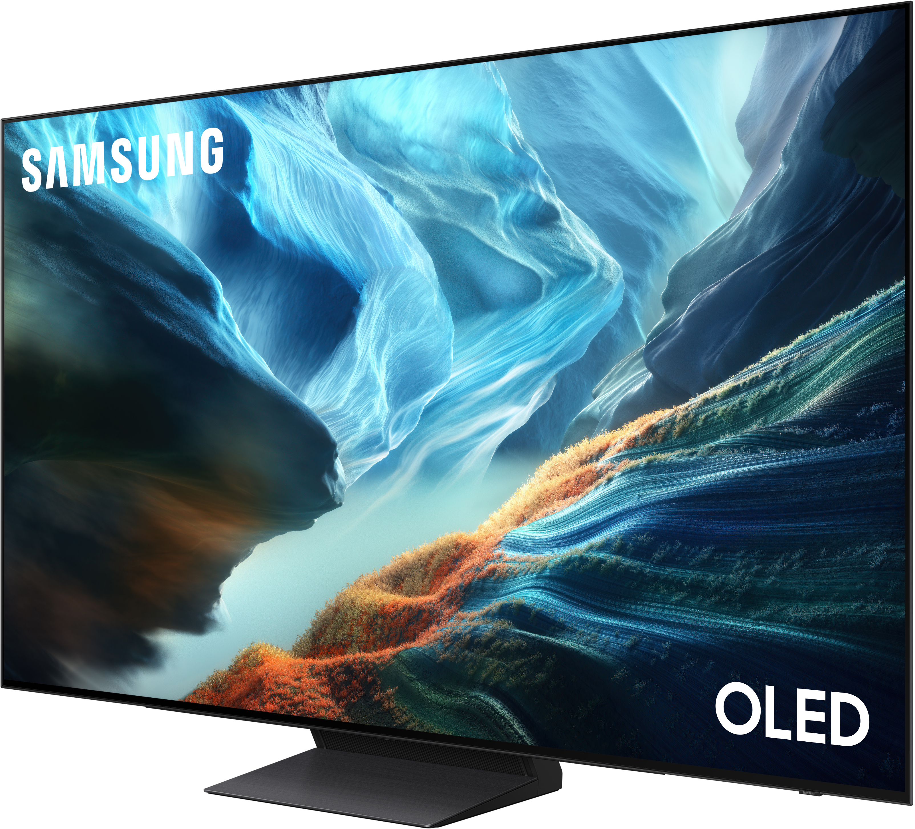 Ein Samsung OLED-Fernseher mit einem abstrakten, landschaftsähnlichen Bildschirmschoner.