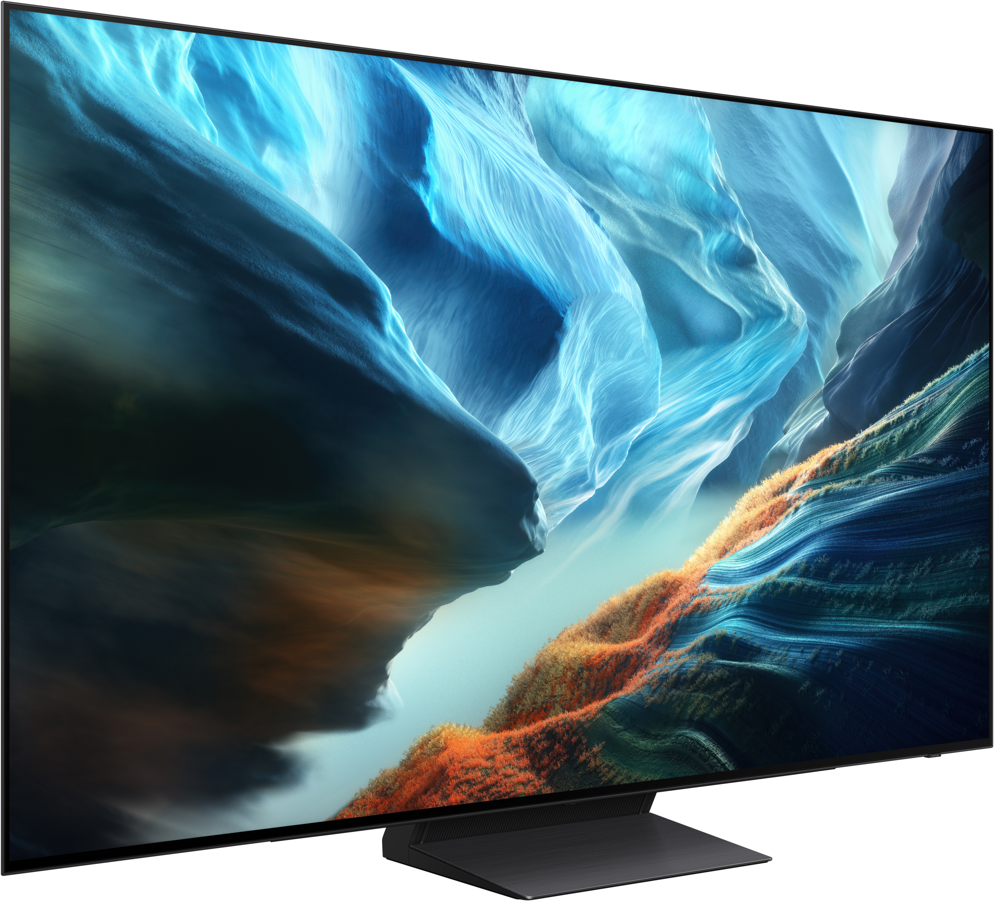 Ein moderner Fernseher mit einem abstrakten, blauen und orangefarbenen Hintergrund.