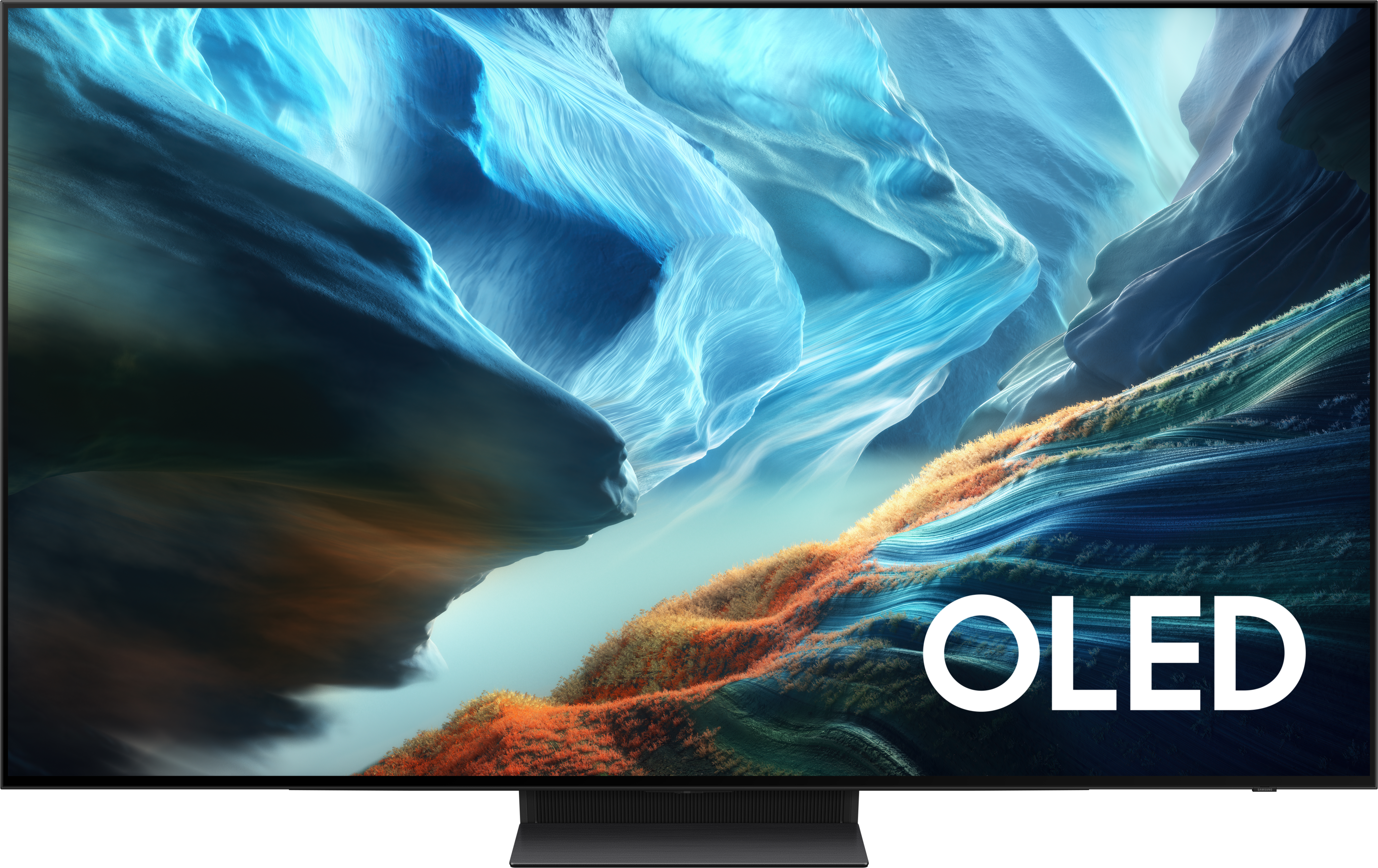 OLED-Fernseher mit abstrakter blauer und oranger Wellenlandschaft.