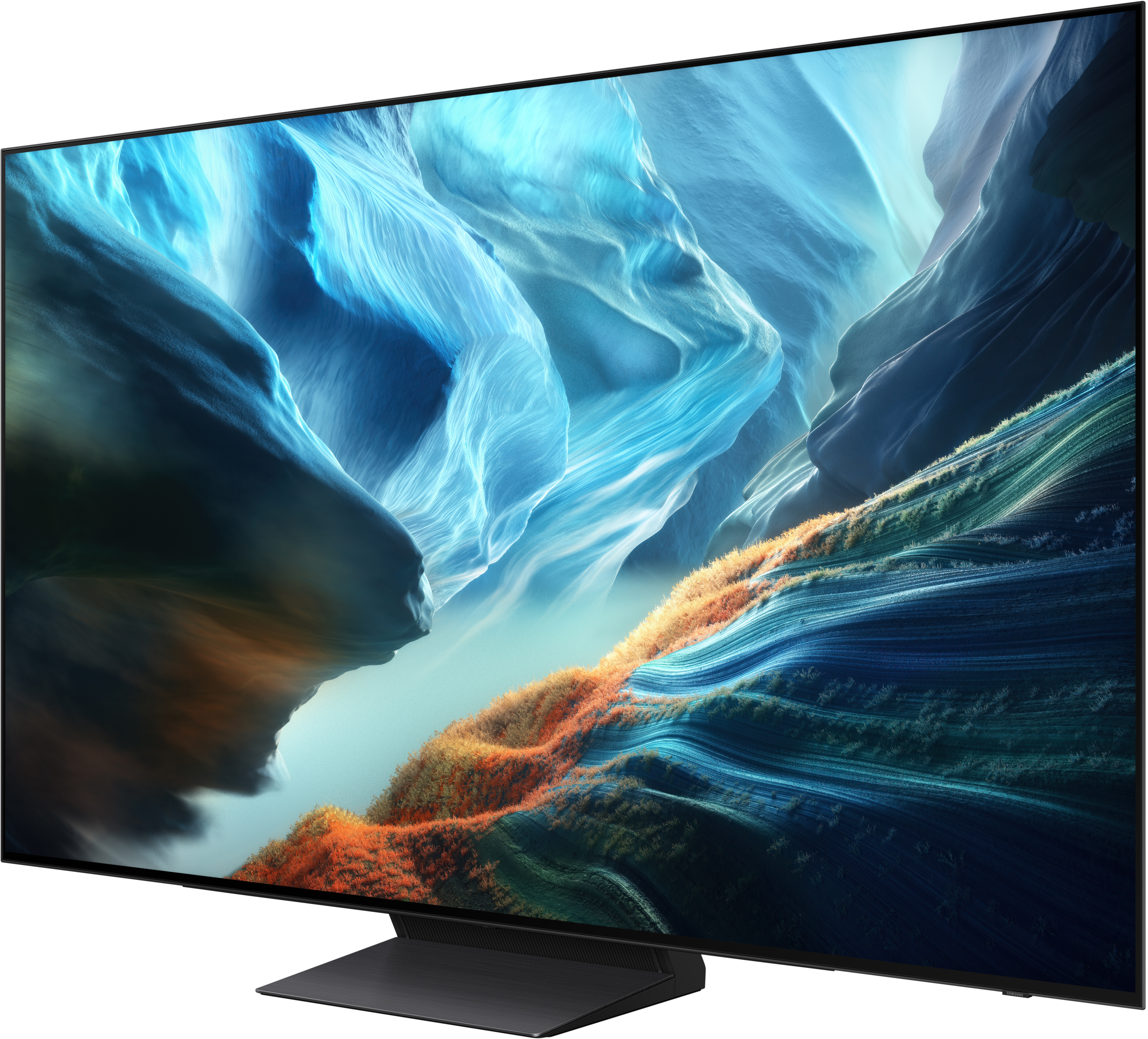 Ein moderner Fernseher mit einem abstrakten, blauen und orangefarbenen Bild.