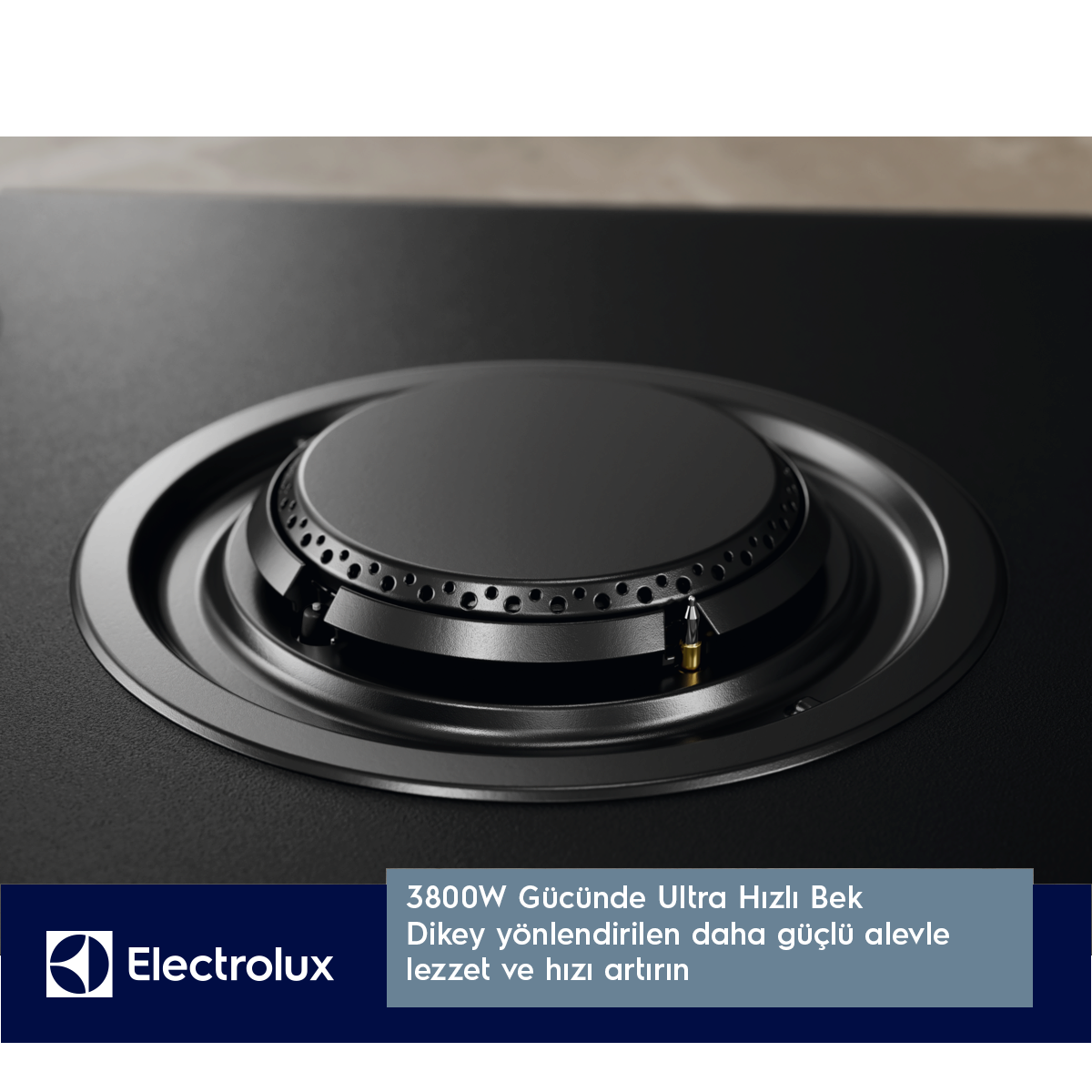 Electrolux logosu ve Türkçe metin içeren gazlı ocak gözü yakın çekimi.