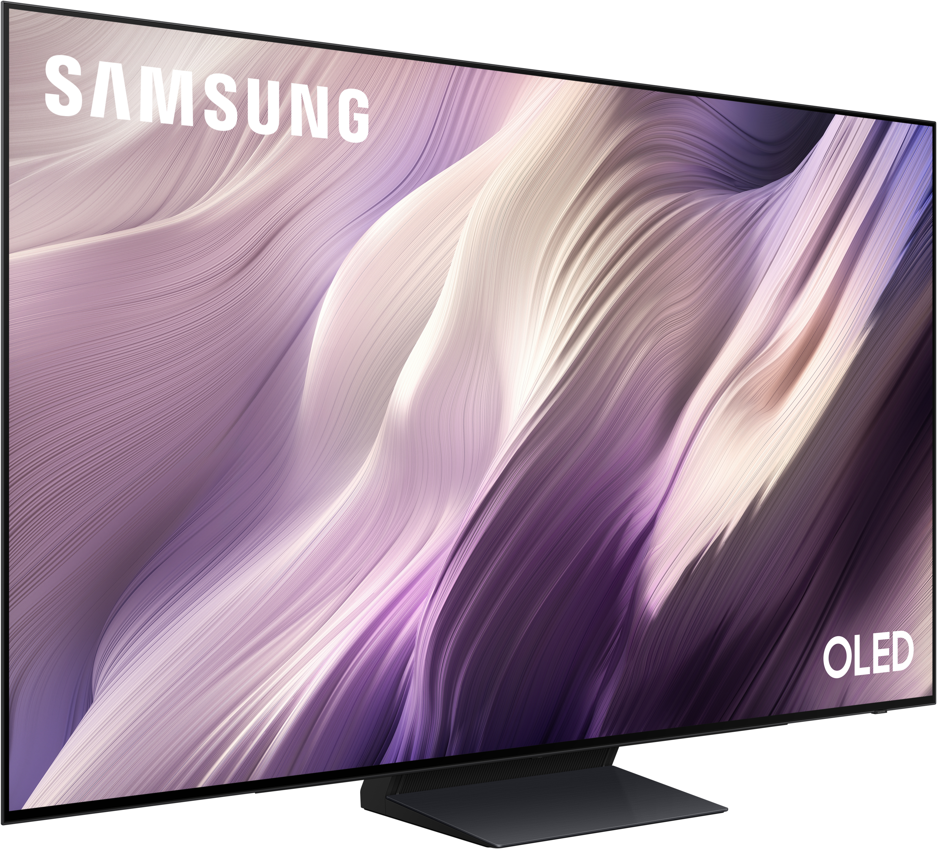 Ein Samsung OLED Fernseher mit stilvollem, geschwungenem Hintergrund in Lila und Weiß.
