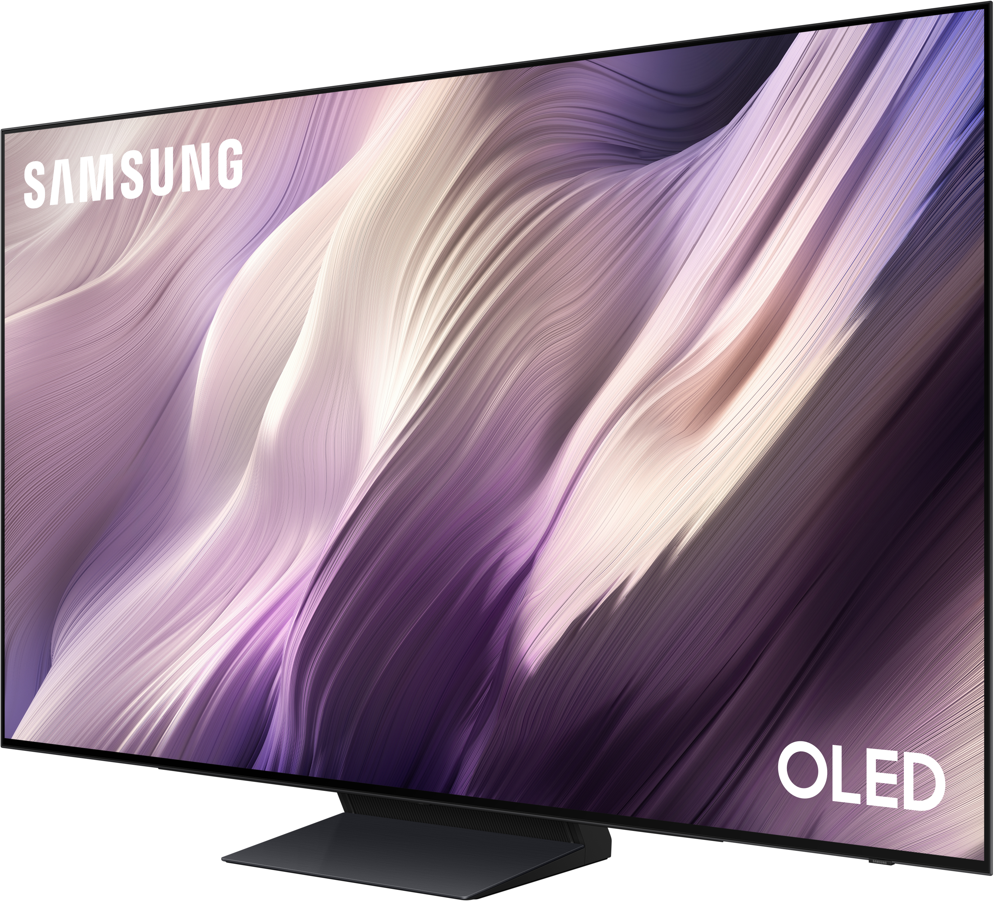 Ein Samsung OLED-Fernseher mit einem abstrakten, fließenden Muster in Lila und Rosa.