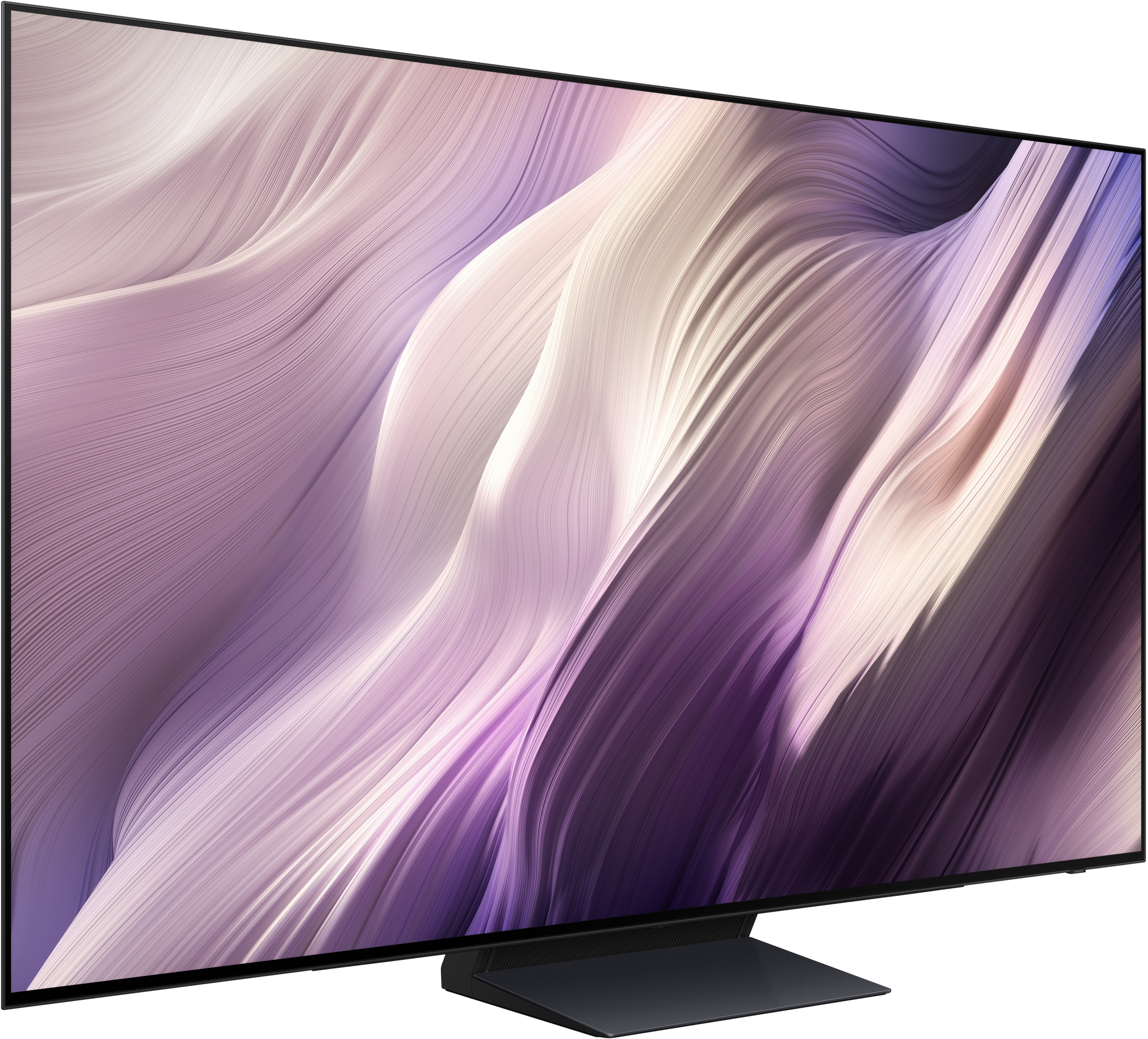 Ein moderner schwarzer Fernseher mit einem abstrakten, wellenförmigen Bildschirmschoner in Lila und Weiß.