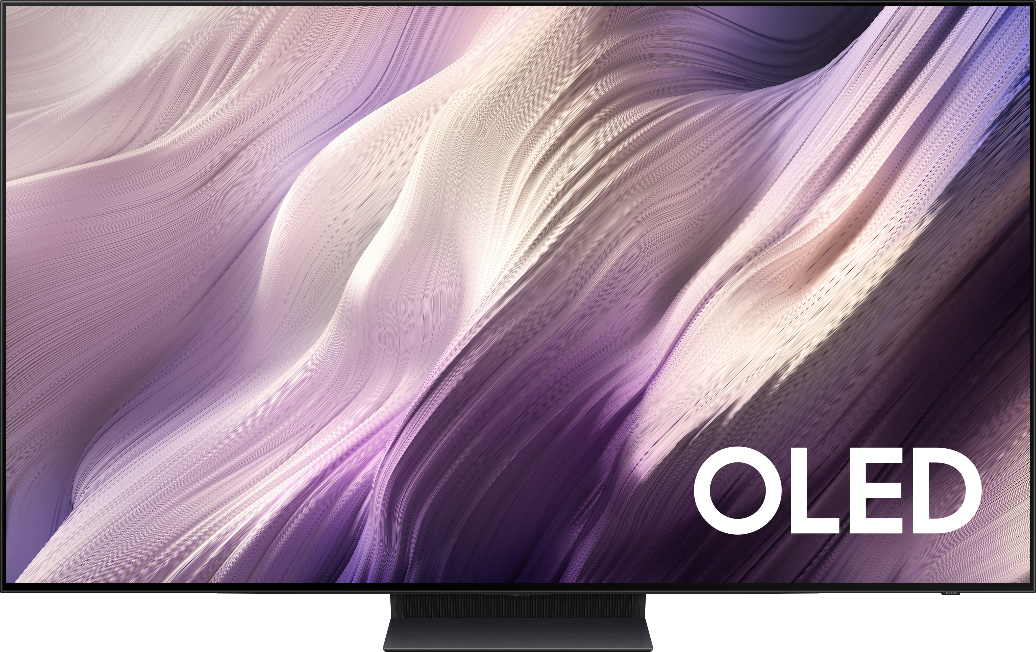Ein moderner Fernseher mit einem abstrakt-welligem Muster in Lila- und Beigetönen.