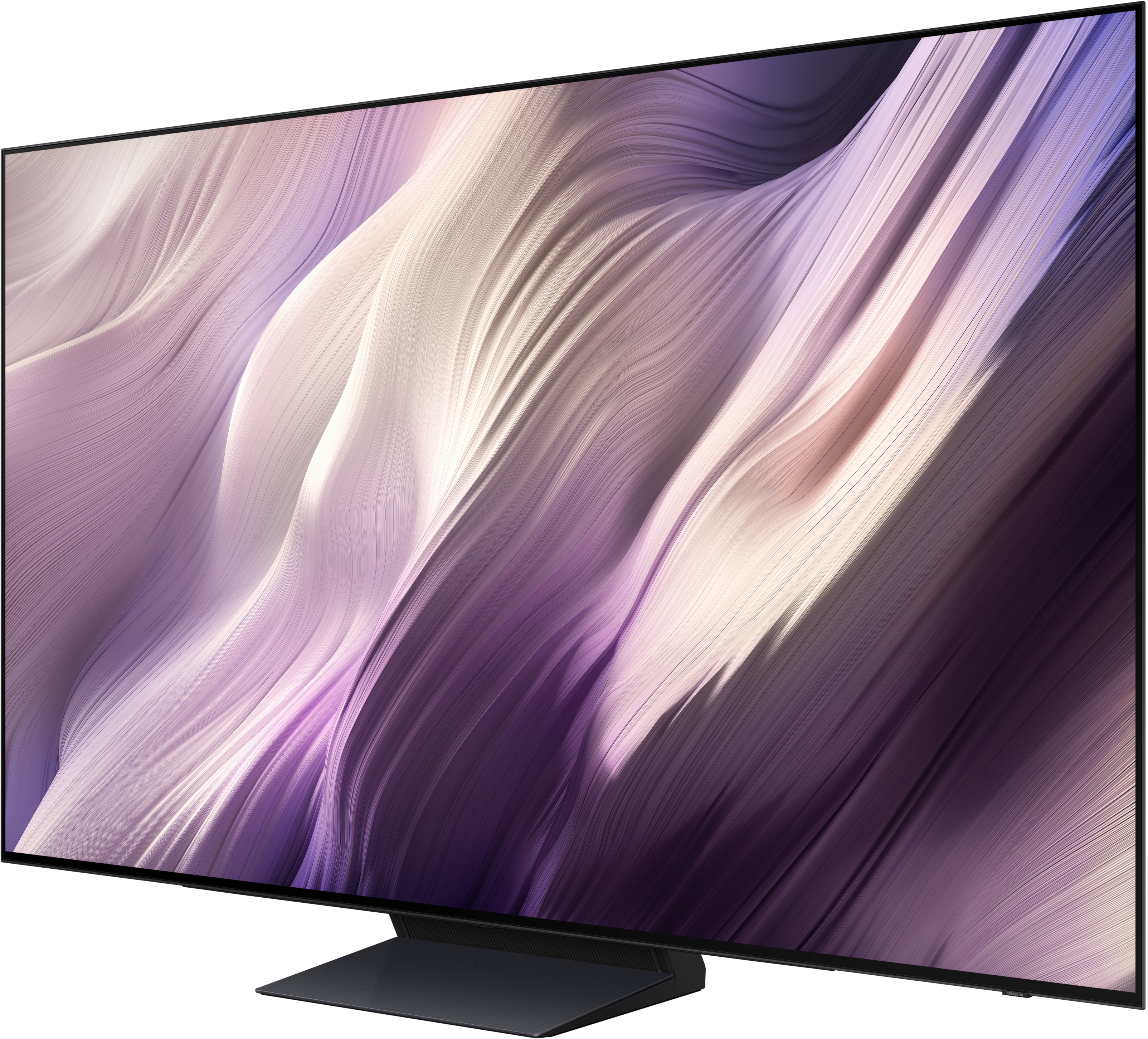 Ein moderner, schlanker Fernseher mit einem abstrakten, wellenförmigen Hintergrund in Lila und Weiß.