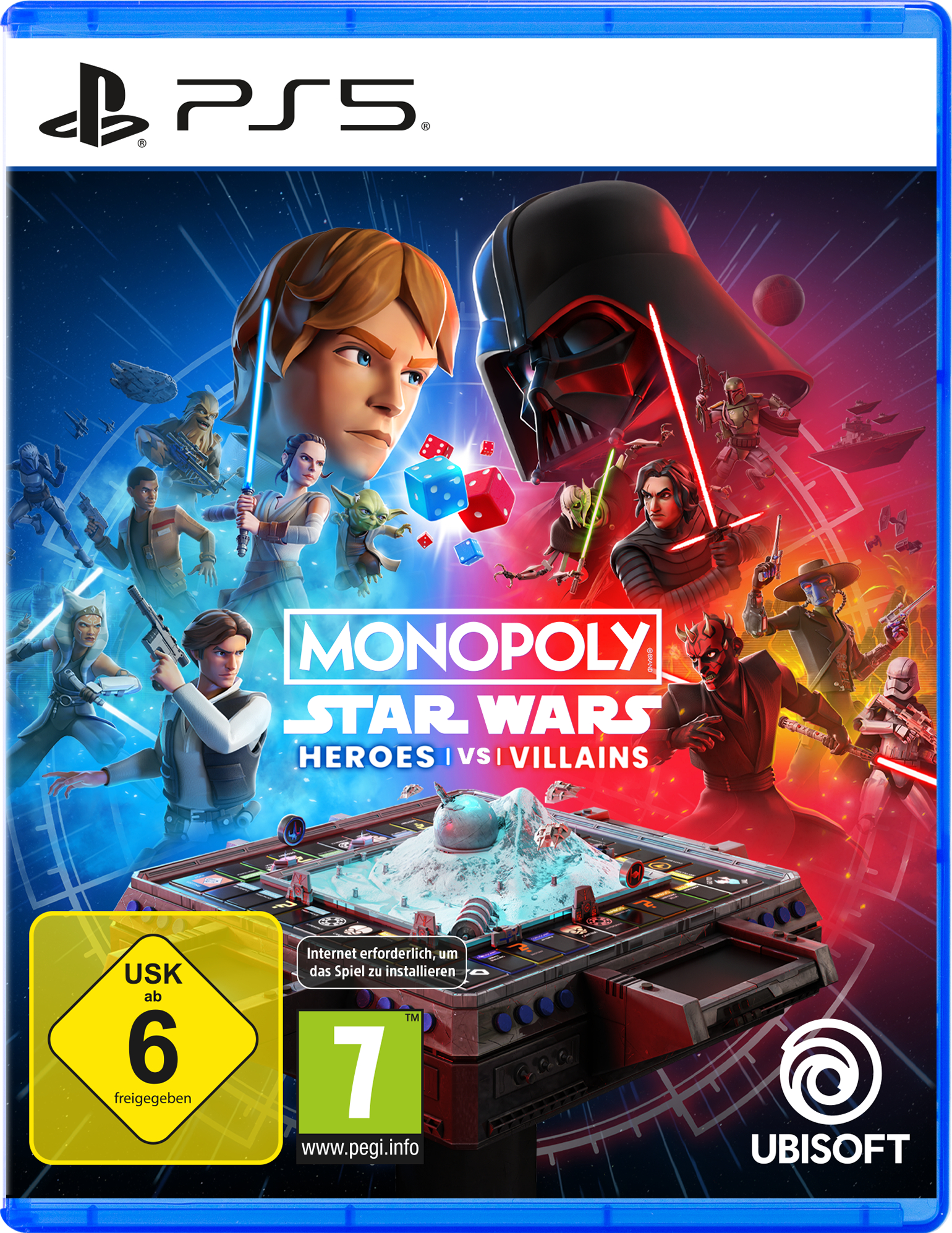PS5 Monopoly Star Wars Heroes vs Villains Cover mit Charakteren und Spielbrett.