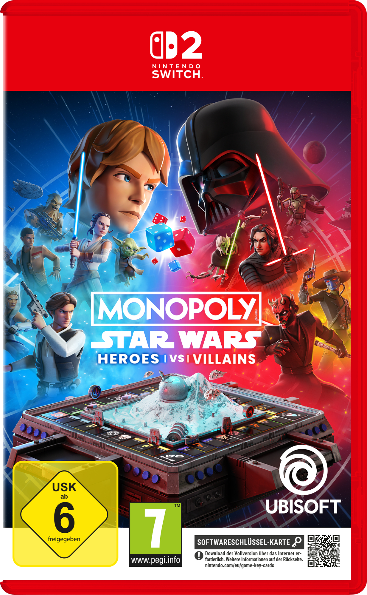 Monopoly Star Wars Heroes vs Villains Nintendo Switch Cover mit Charakteren und Spielbrett.