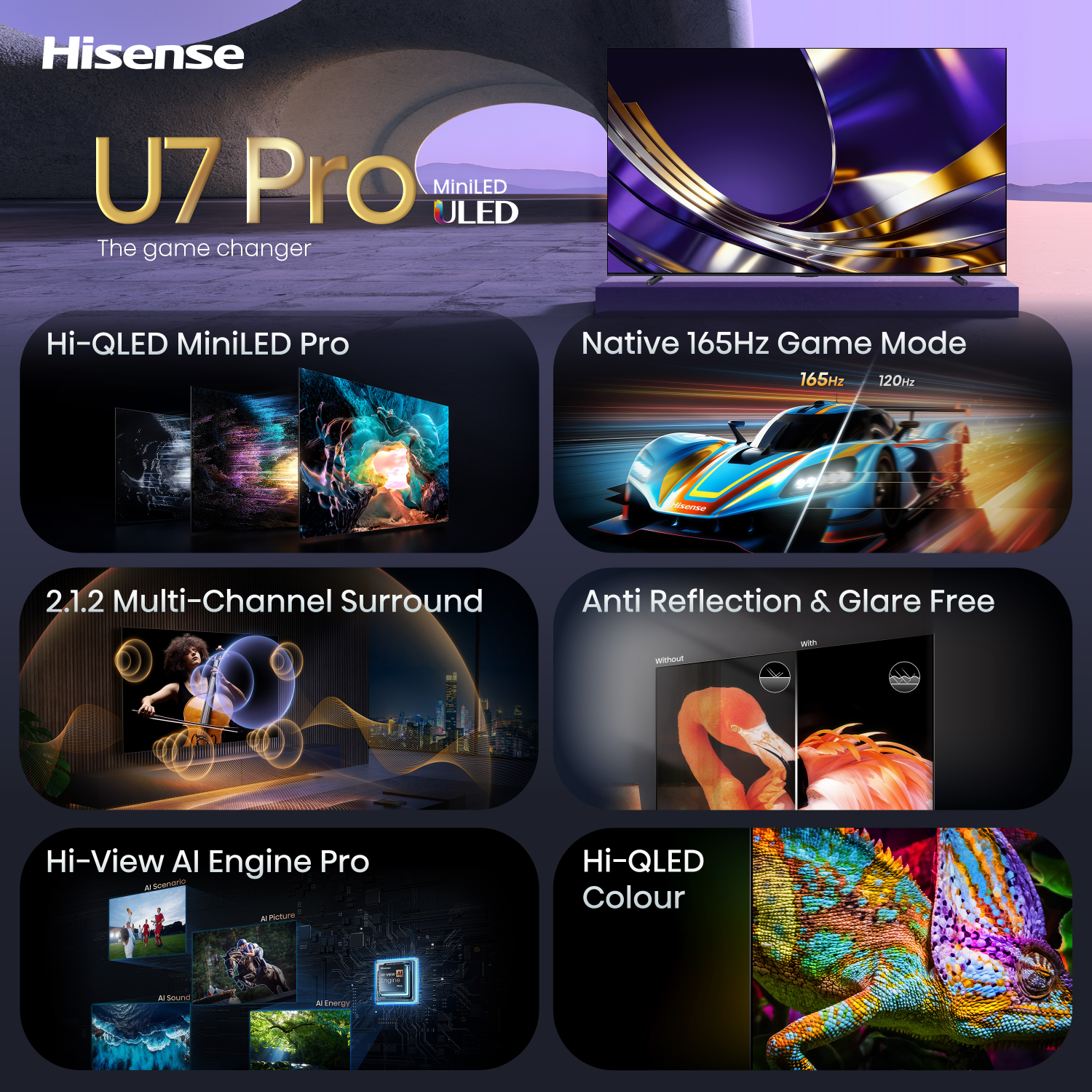 Hisense U7 Pro TV: Hi-QLED MiniLED Pro, 165Hz gamemodus, surround sound, AI engine, anti-reflectie, Hi-QLED kleur.