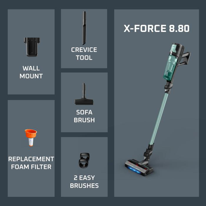 Der X-Force 8.80 Staubsauger mit Zubehör: Wandhalterung, Fugendüse, Sofabürste.