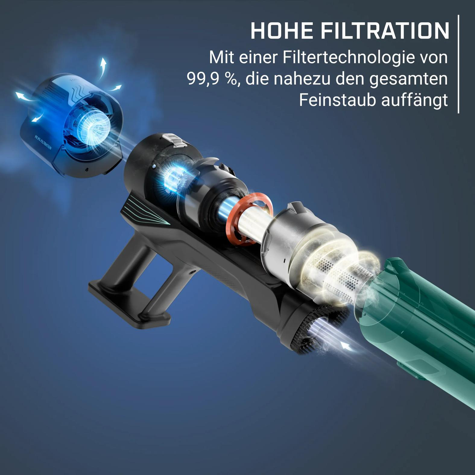 Explosionszeichnung eines schwarzen Akku-Staubsaugers mit blauer Belüftung und orangefarbenem Ring.