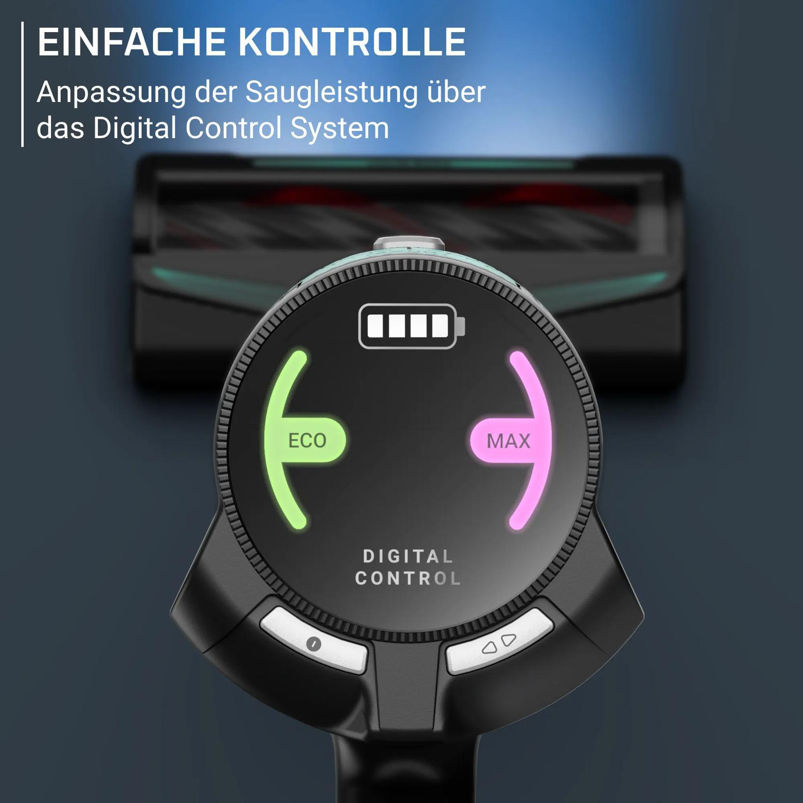 Digitaler Handgriff mit Anzeige für ECO und MAX-Saugkraft, Akkuanzeige.
