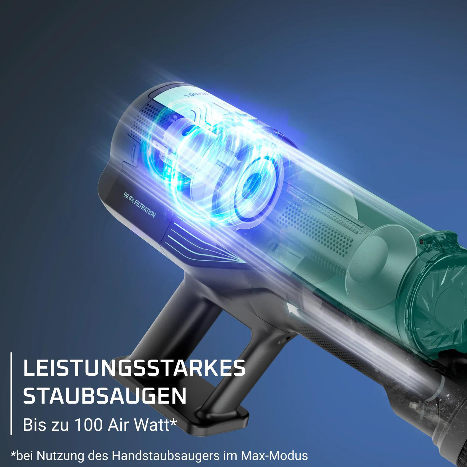 Ein leistungsstarker Staubsauger mit 99,9% Filtration und 100 Air Watt.
