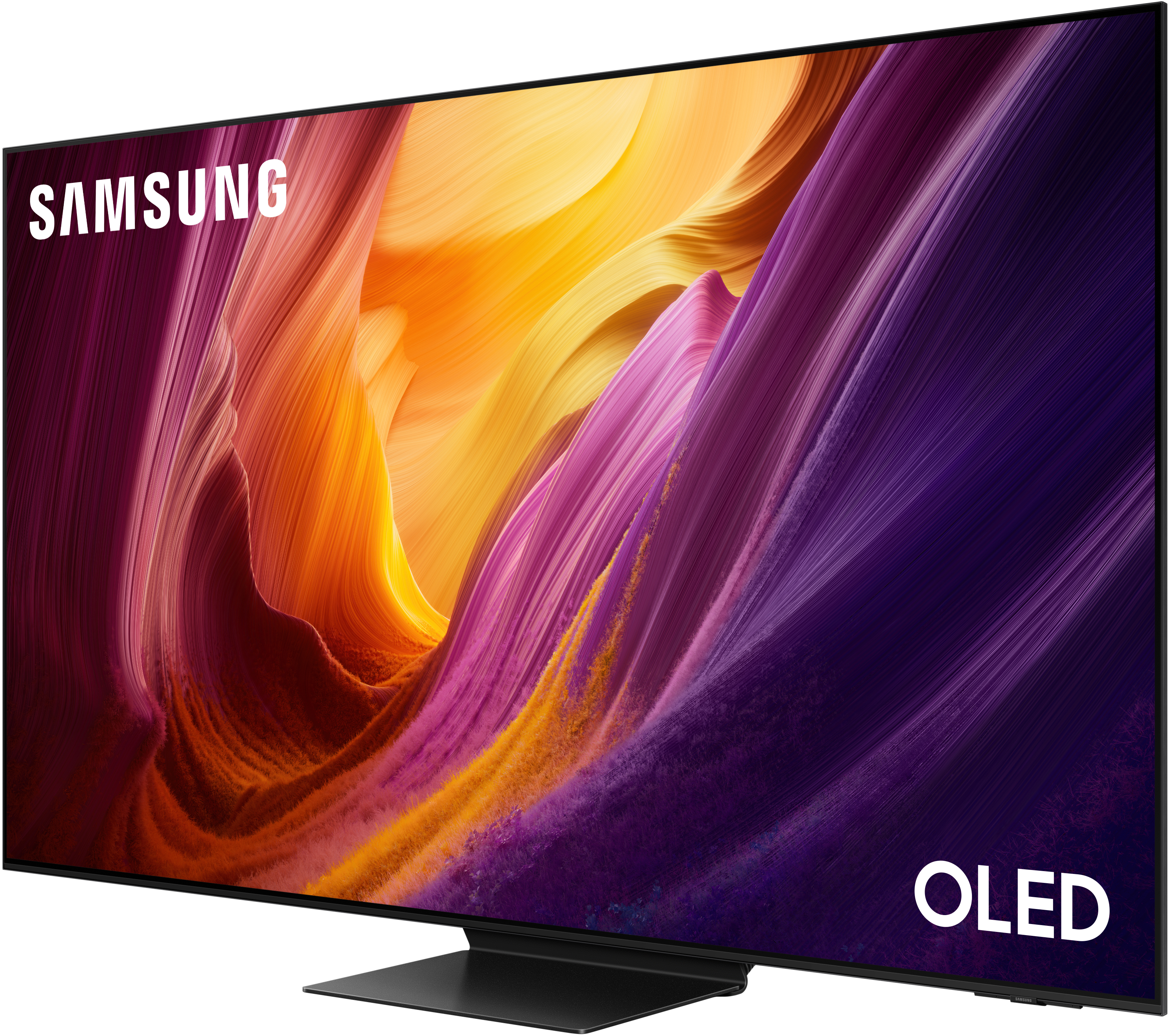 Ein Samsung OLED-Fernseher mit einem abstrakten Hintergrund in Lila und Orange.