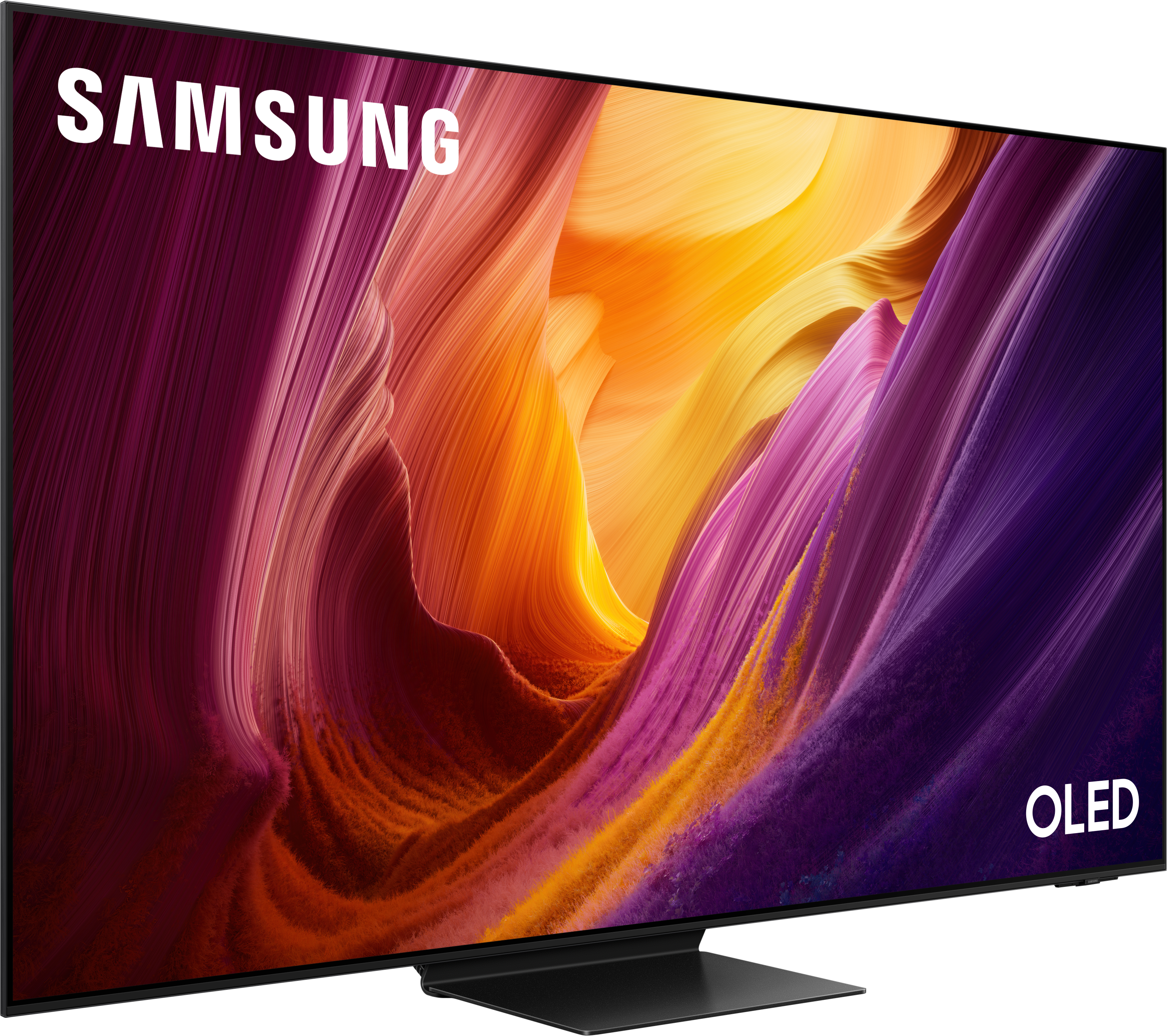 Ein Samsung OLED-Fernseher mit einem bunten, abstrakten Hintergrund.