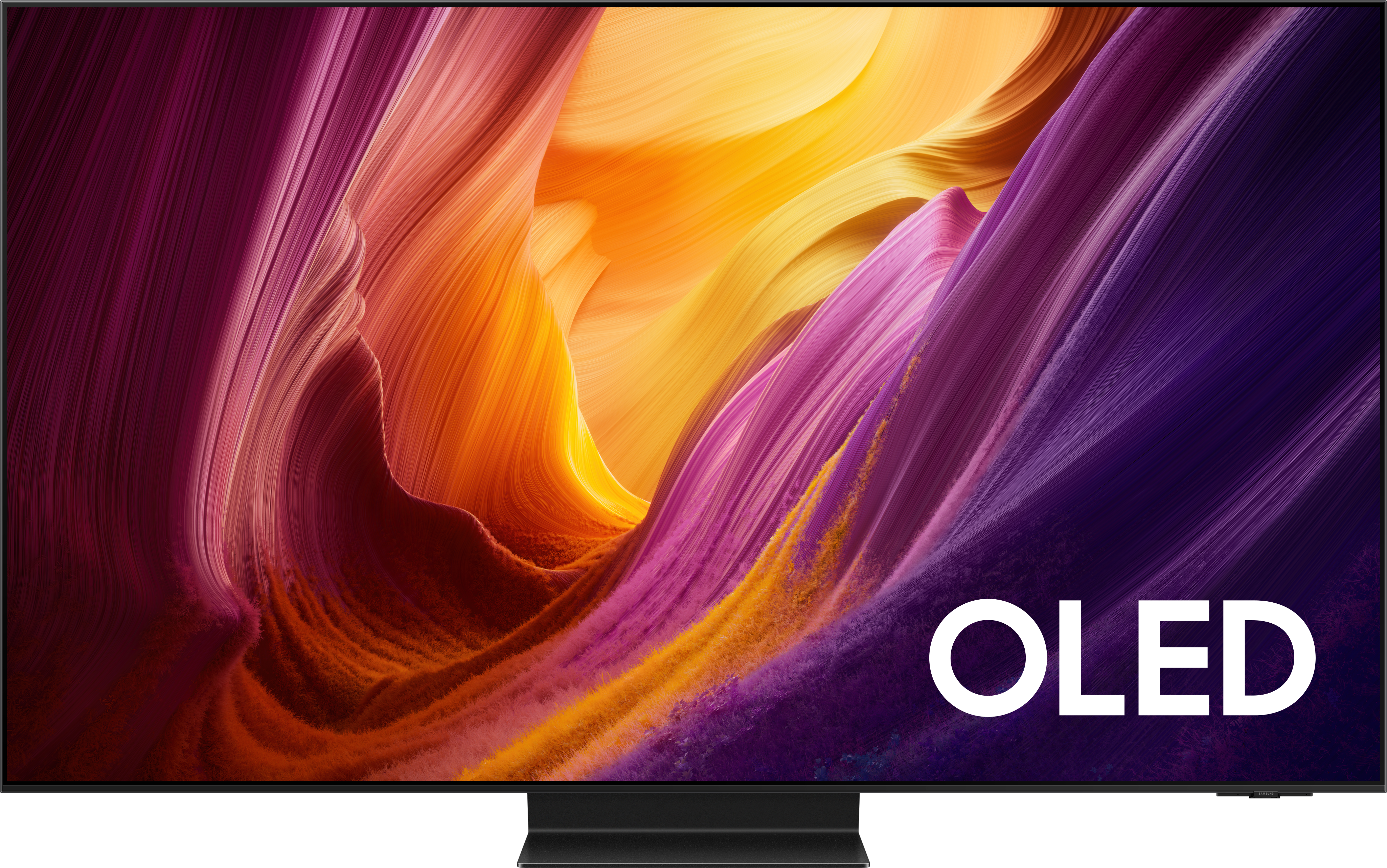 Ein moderner Fernseher mit dem Wort "OLED" auf einem bunten Hintergrund.