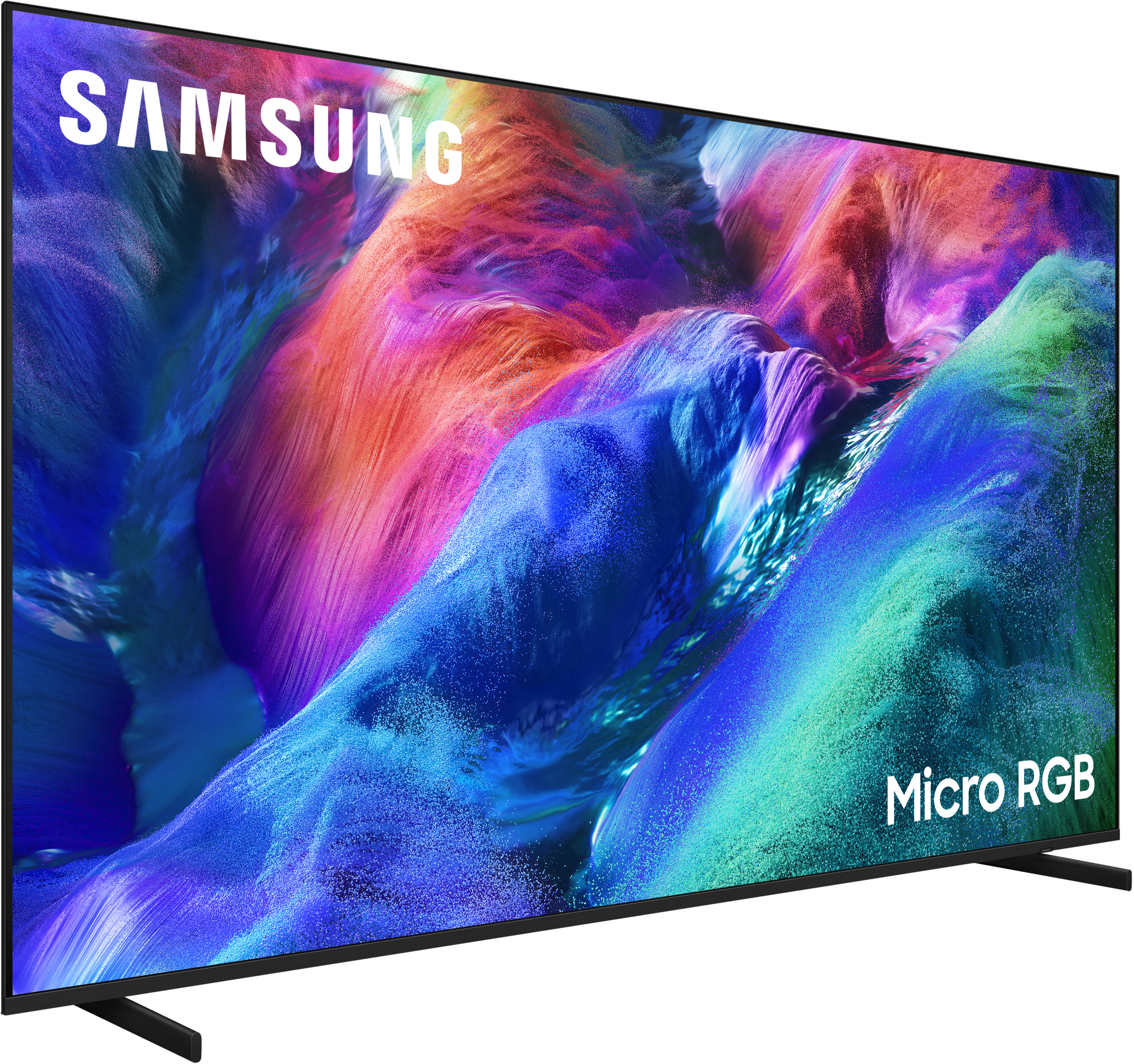 Ein Samsung Micro RGB Fernseher mit einem bunten abstrakten Hintergrund.