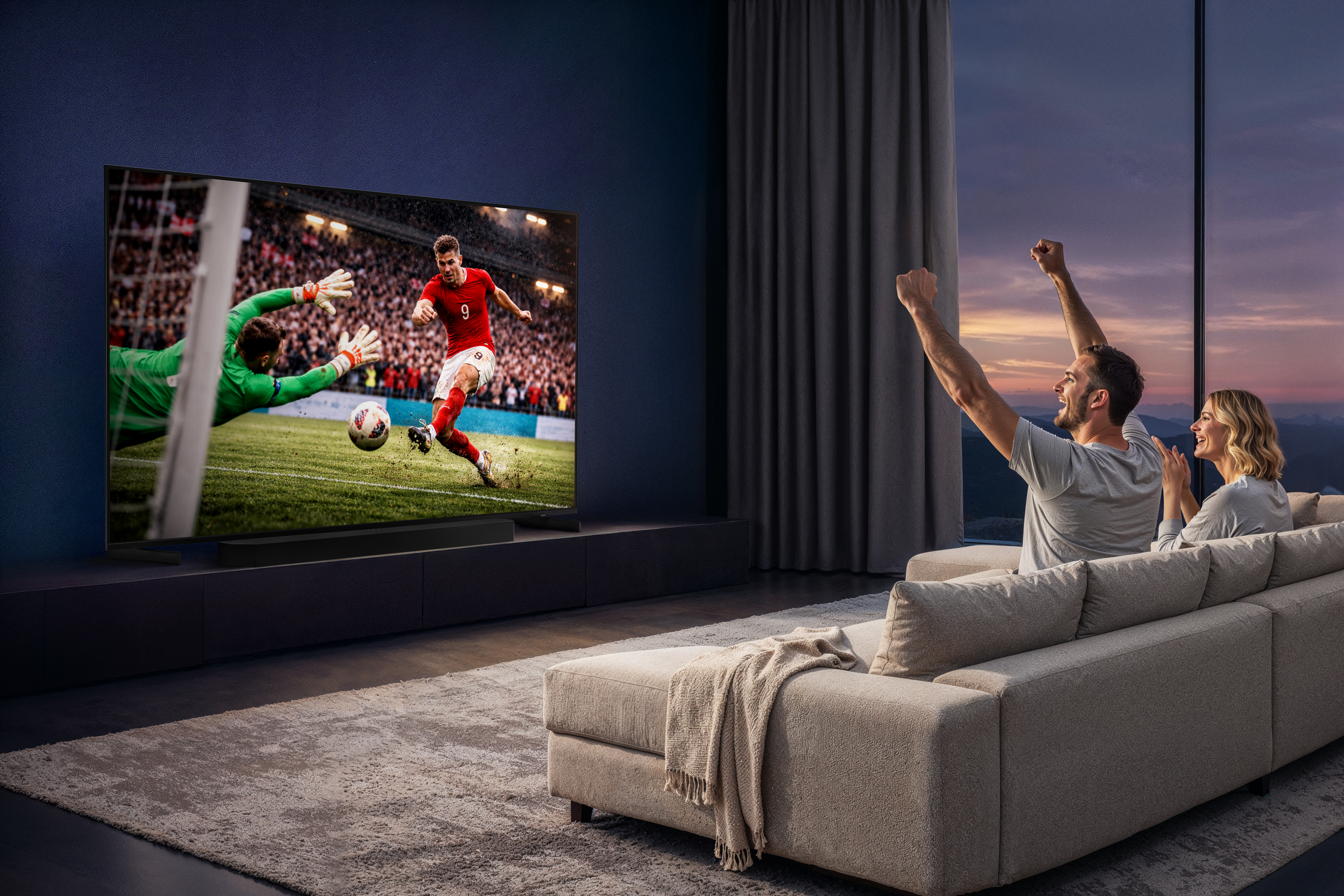Ein Paar jubelt vor einem Fernseher, der ein Fußballspiel zeigt.