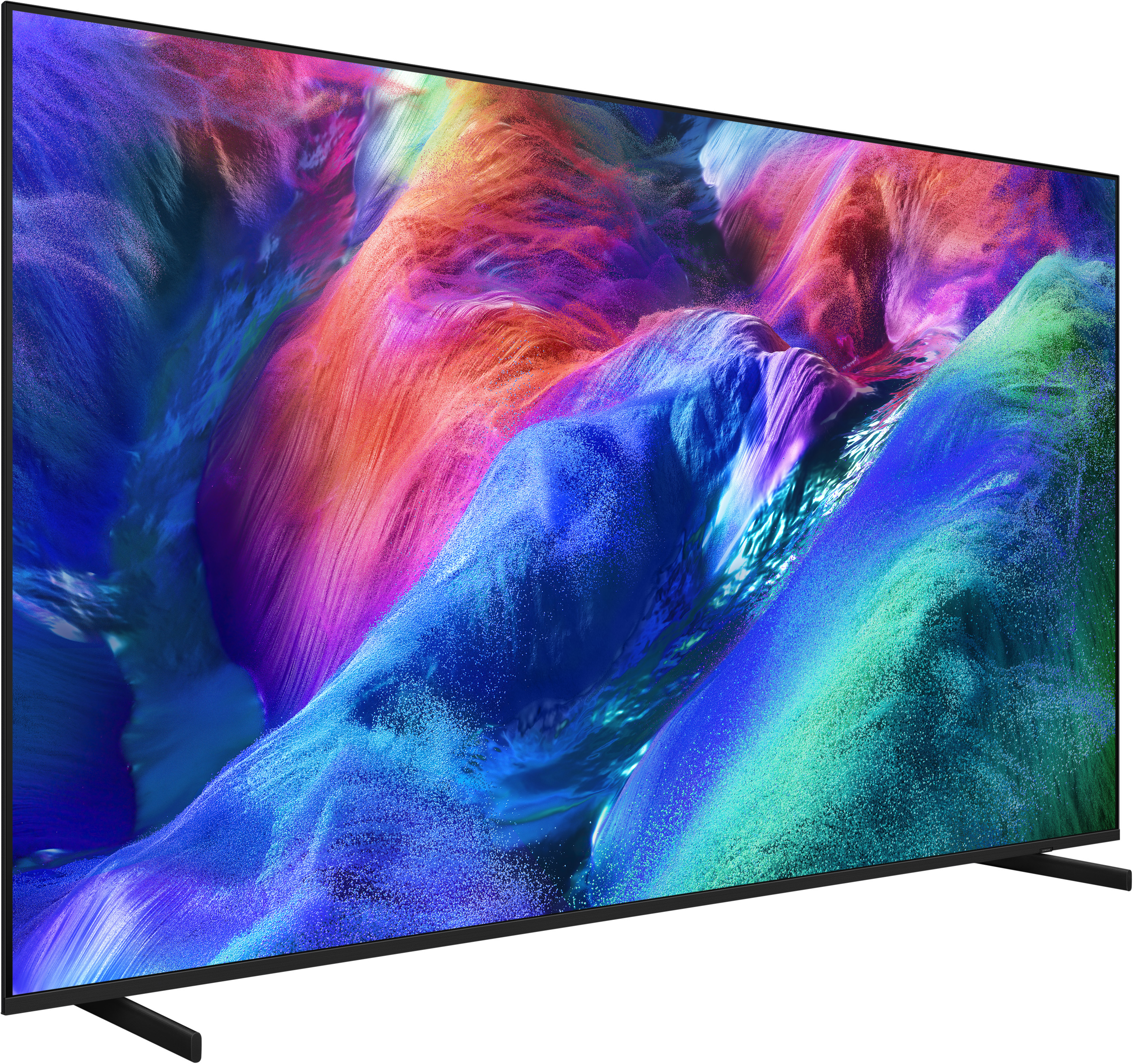 Ein moderner Fernseher mit einem lebendigen, abstrakten Bild in Blau-, Lila- und Rottönen.
