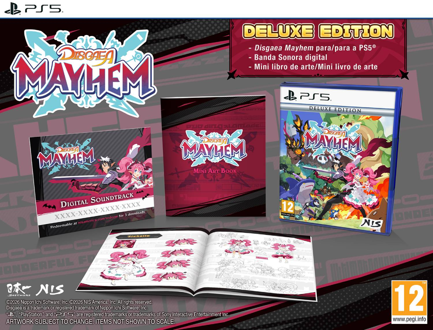 Edición Deluxe de Disgaea Mayhem para PS5, con caja, libro de arte y banda sonora.