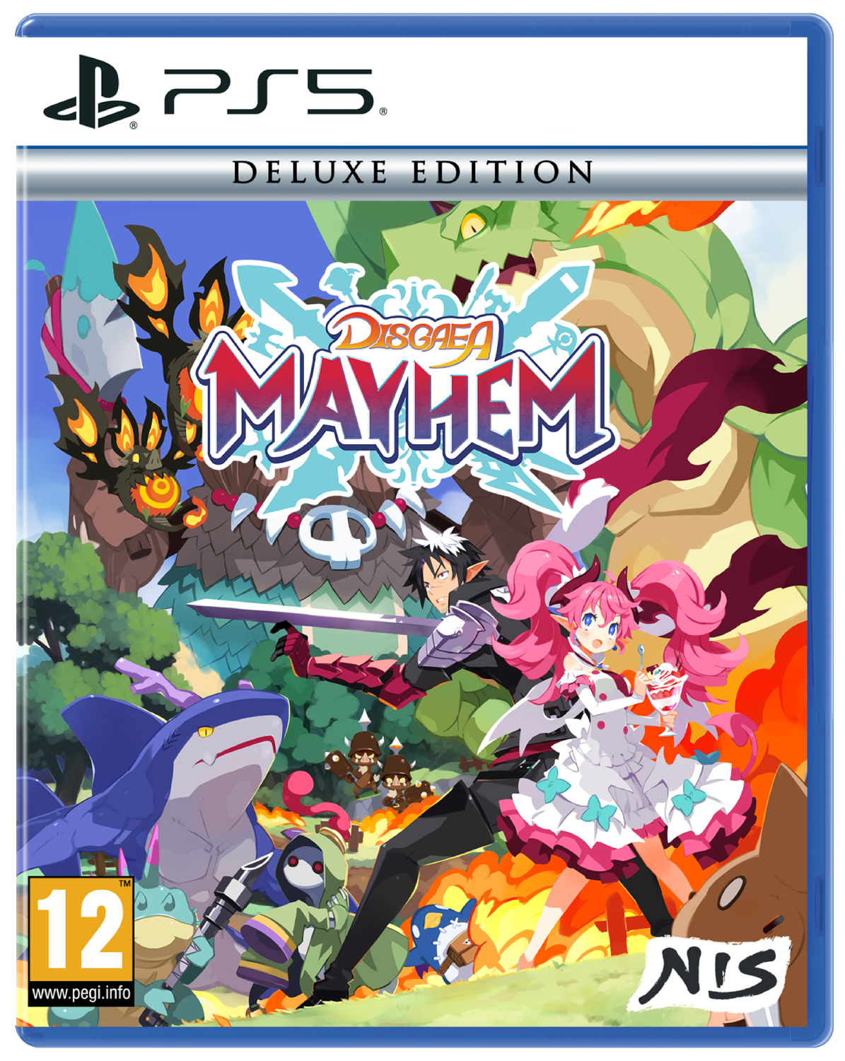 Portada Edición Deluxe PS5: Personajes anime, tiburón, dragón, monstruos en combate.