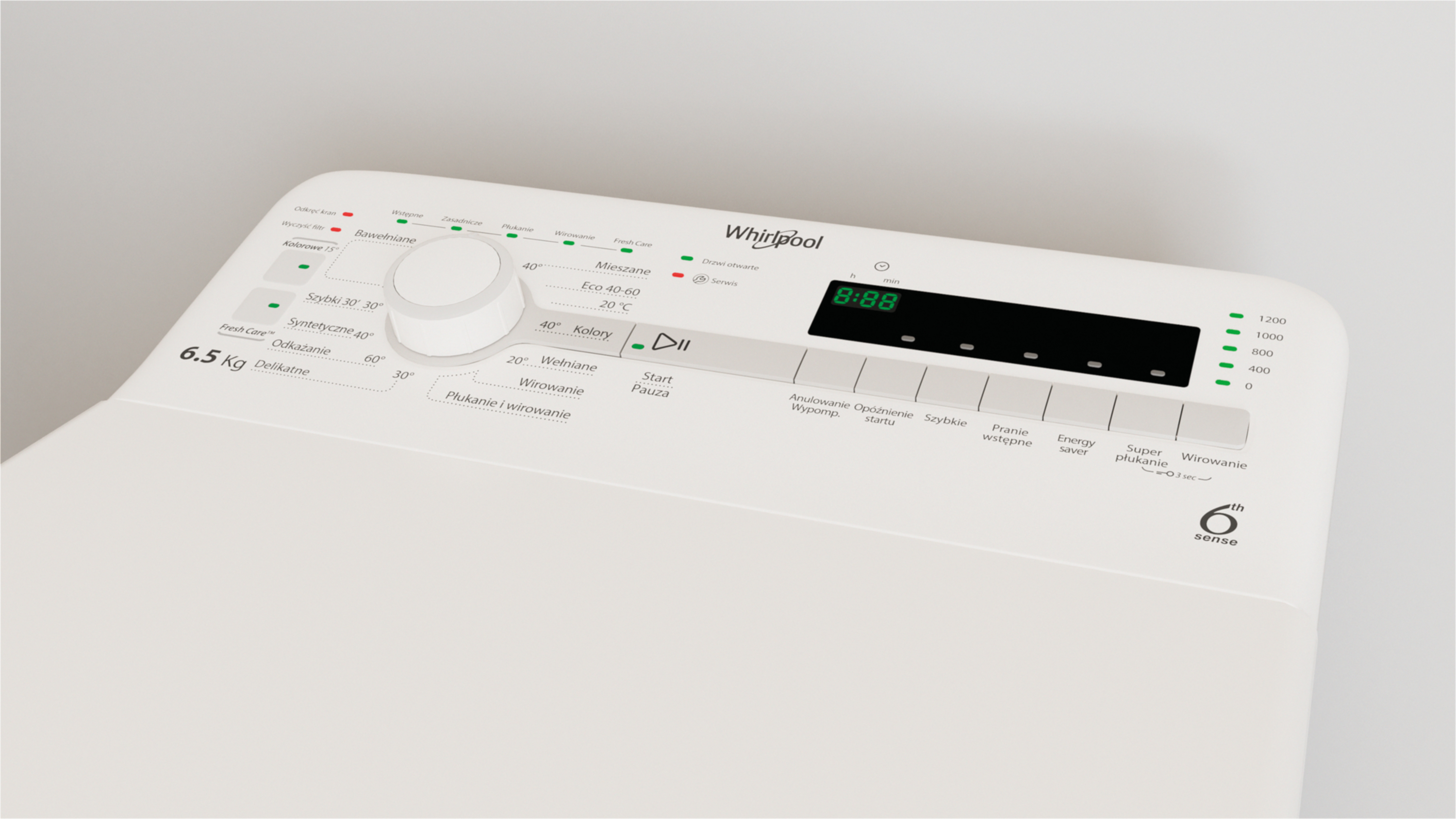 Panel sterowania białej pralki Whirlpool z cyfrowym wyświetlaczem i wyborem programu.