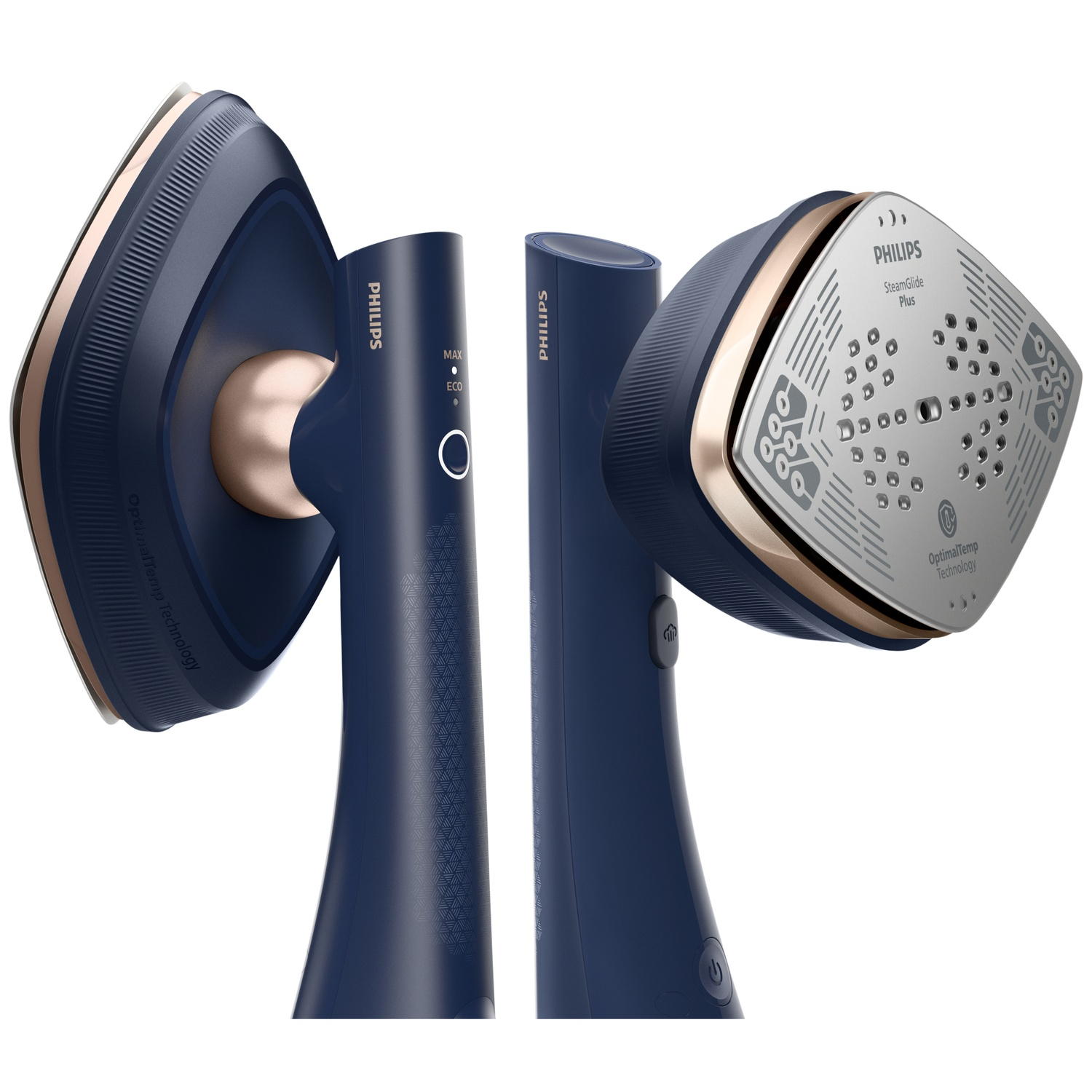 Two navy blue Philips irons with rose gold accents on white background.