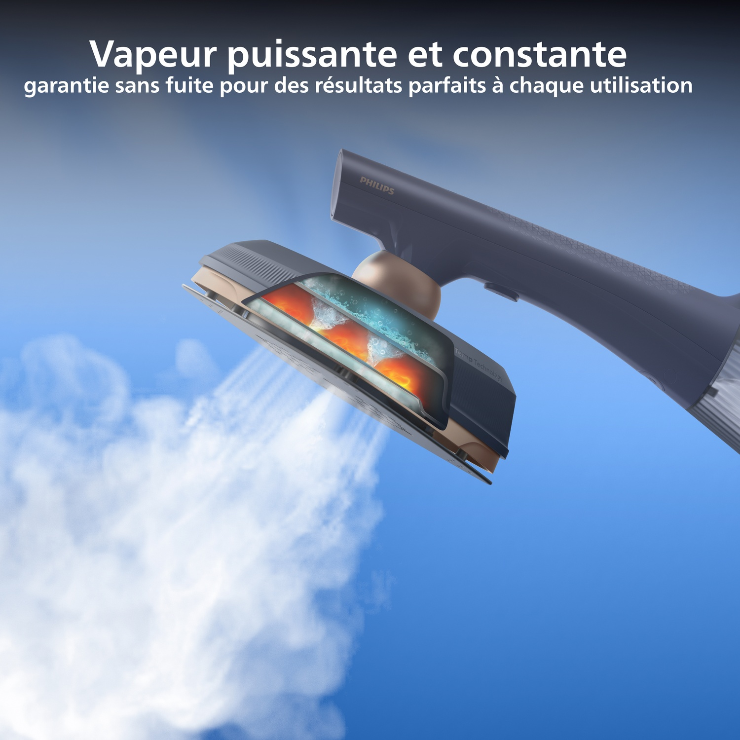 Un fer à vapeur Philips montrant les fonctions internes de chauffage et d'eau, émettant de la vapeur.