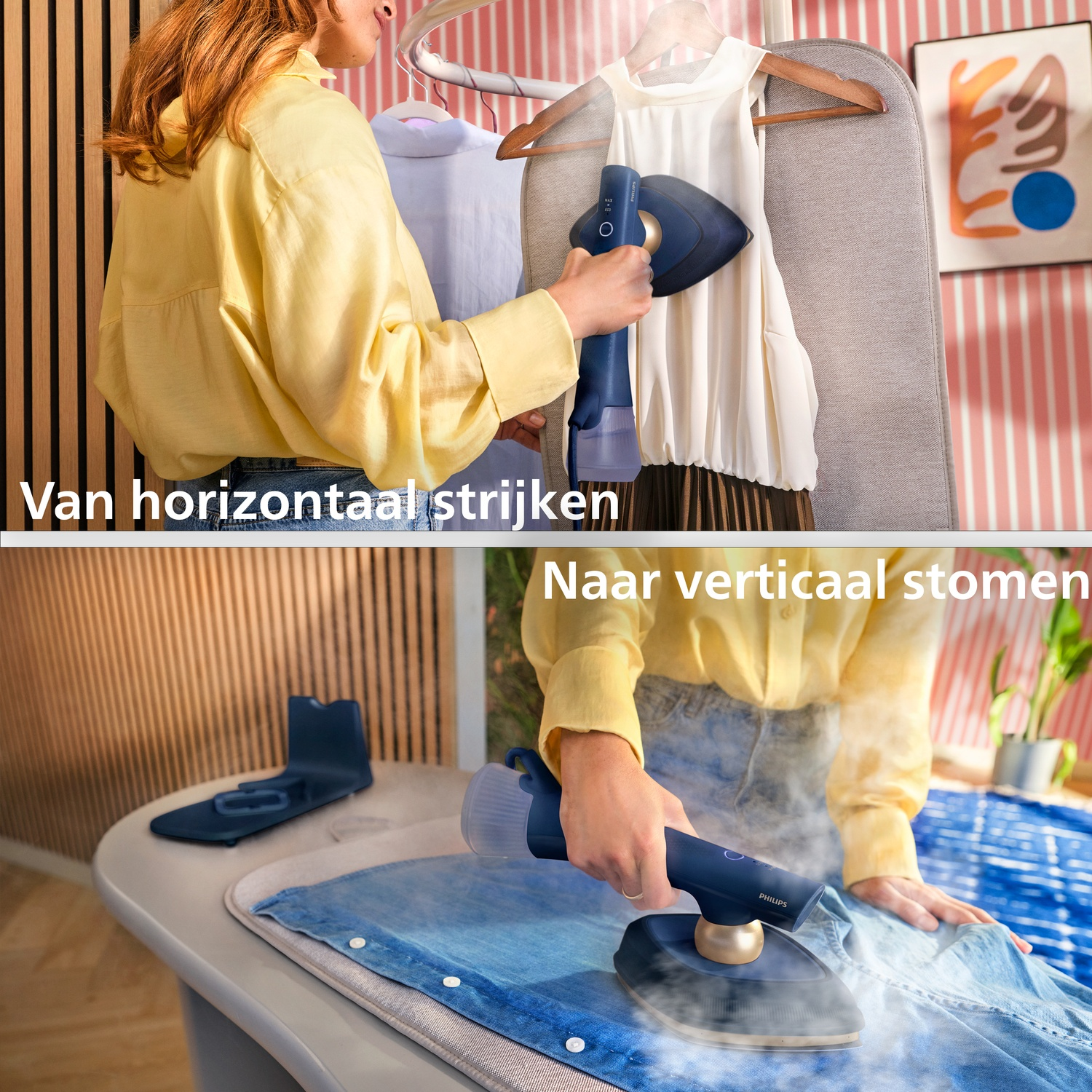 A woman irons clothes horizontally and vertically with a handheld steamer.
