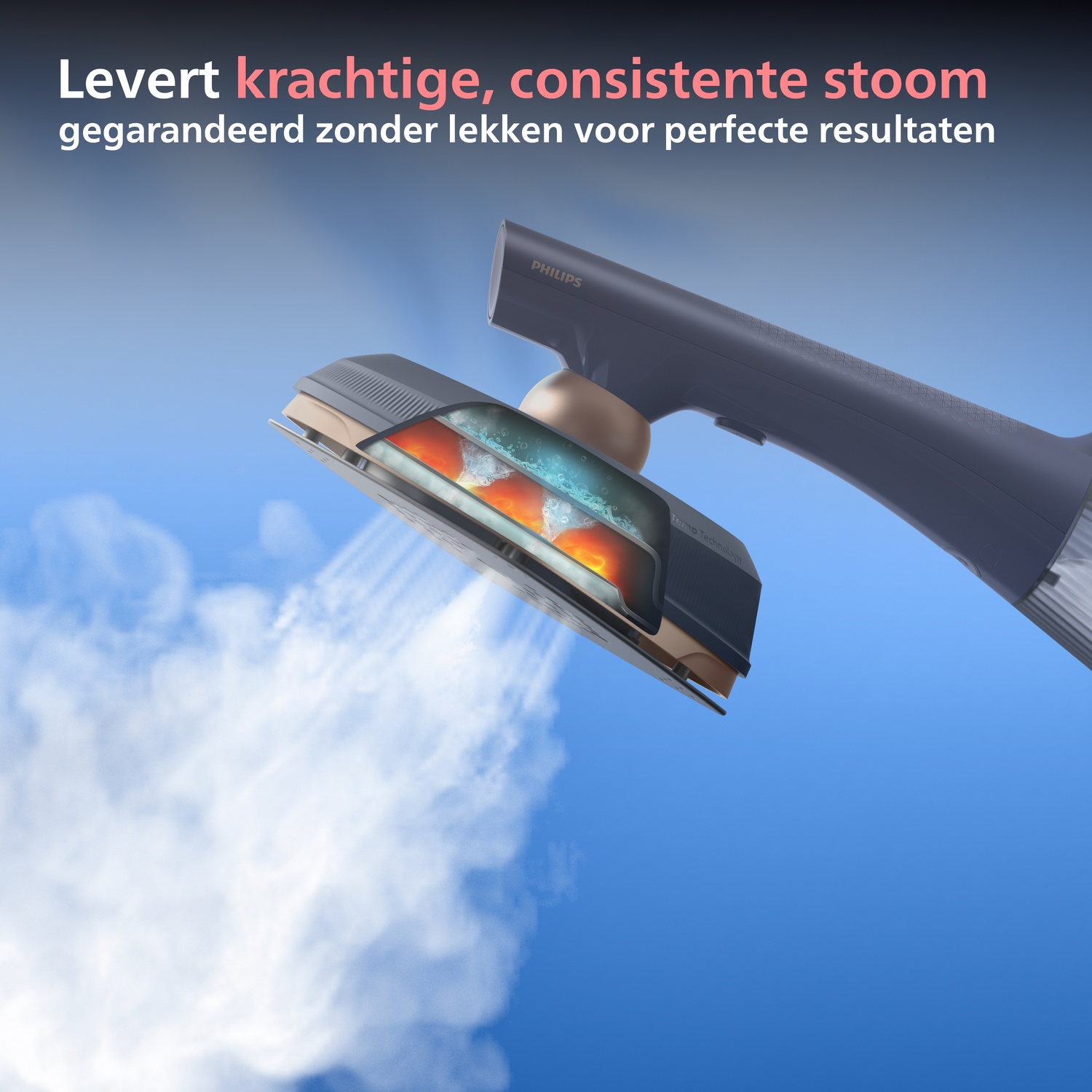 Philips iron with cutaway head generating steam against a blue sky.