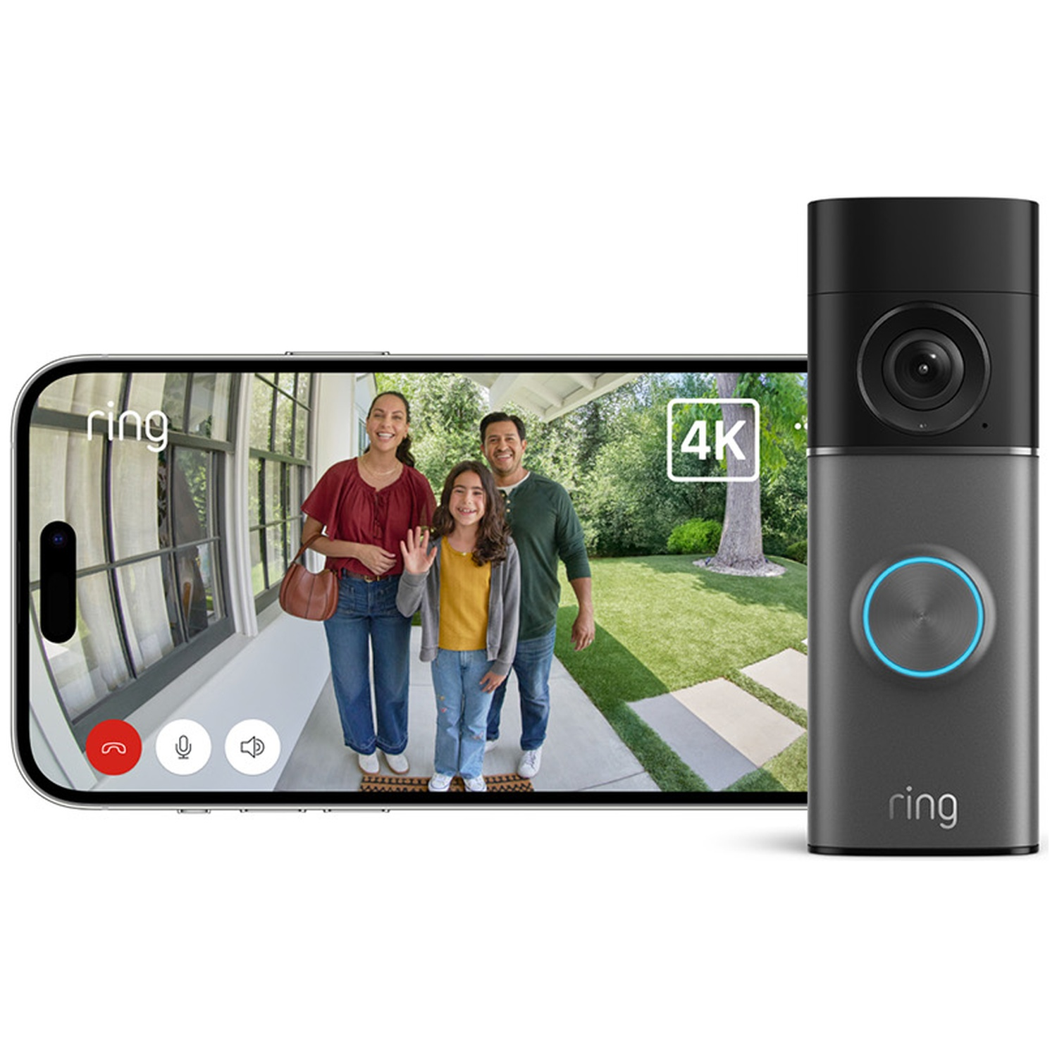 Een smartphone toont een gezin op een veranda, naast een Ring deurbel.