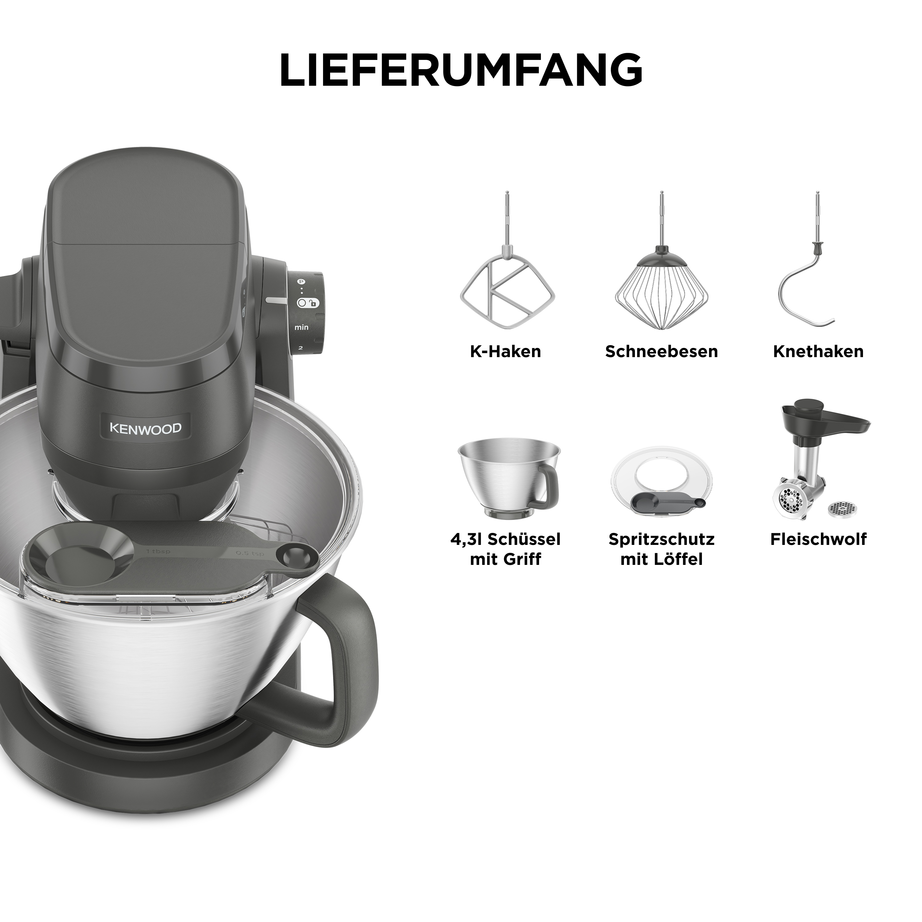 Kenwood Küchenmaschine mit Zubehör: K-Haken, Schneebesen, Knethaken, Schüssel, Spritzschutz, Fleischwolf.