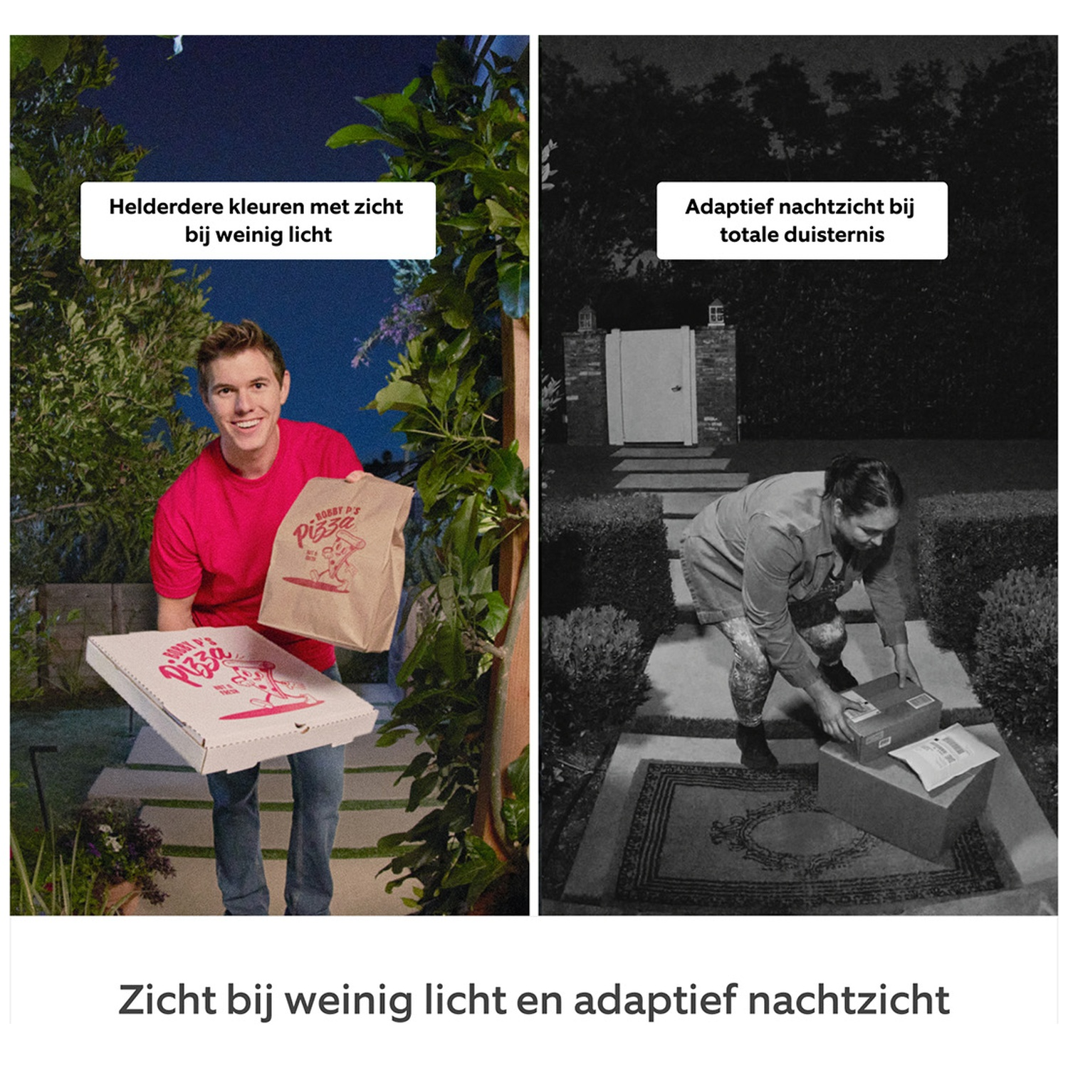 Gesplitst beeld: Man met pizza bij weinig licht, persoon met pakketten in het donker.