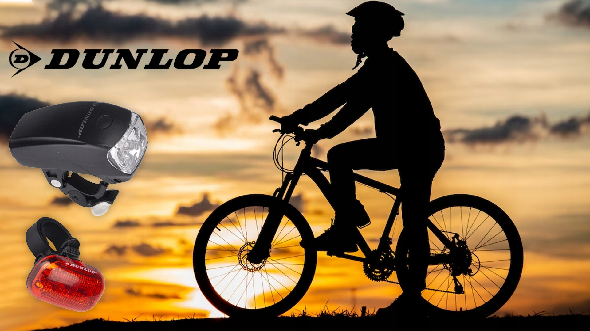 Sylwetka rowerzysty o zachodzie słońca z logo Dunlop i światłami rowerowymi.