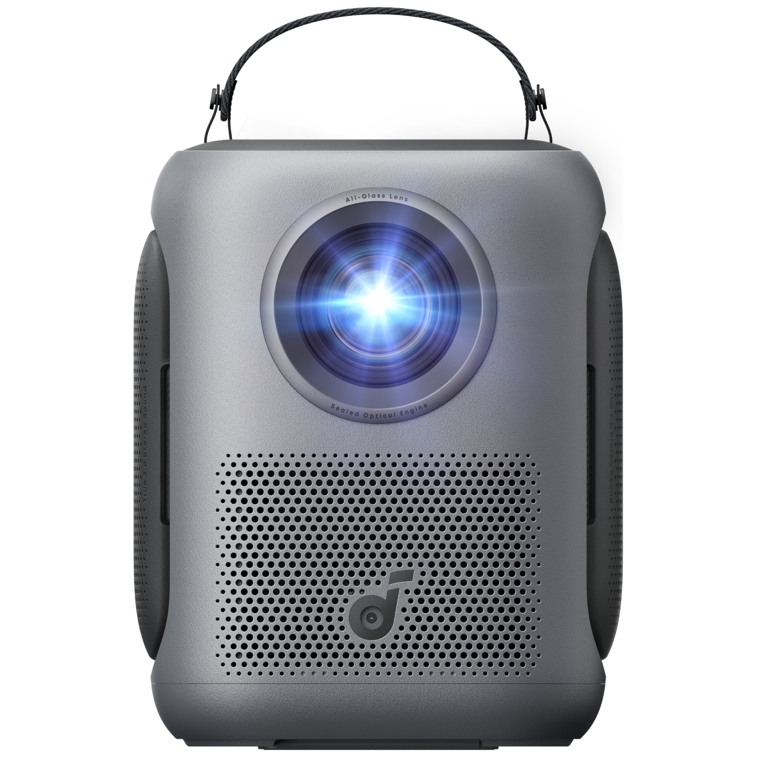 Gray projector with lens and speaker grill. Features a handle on top.