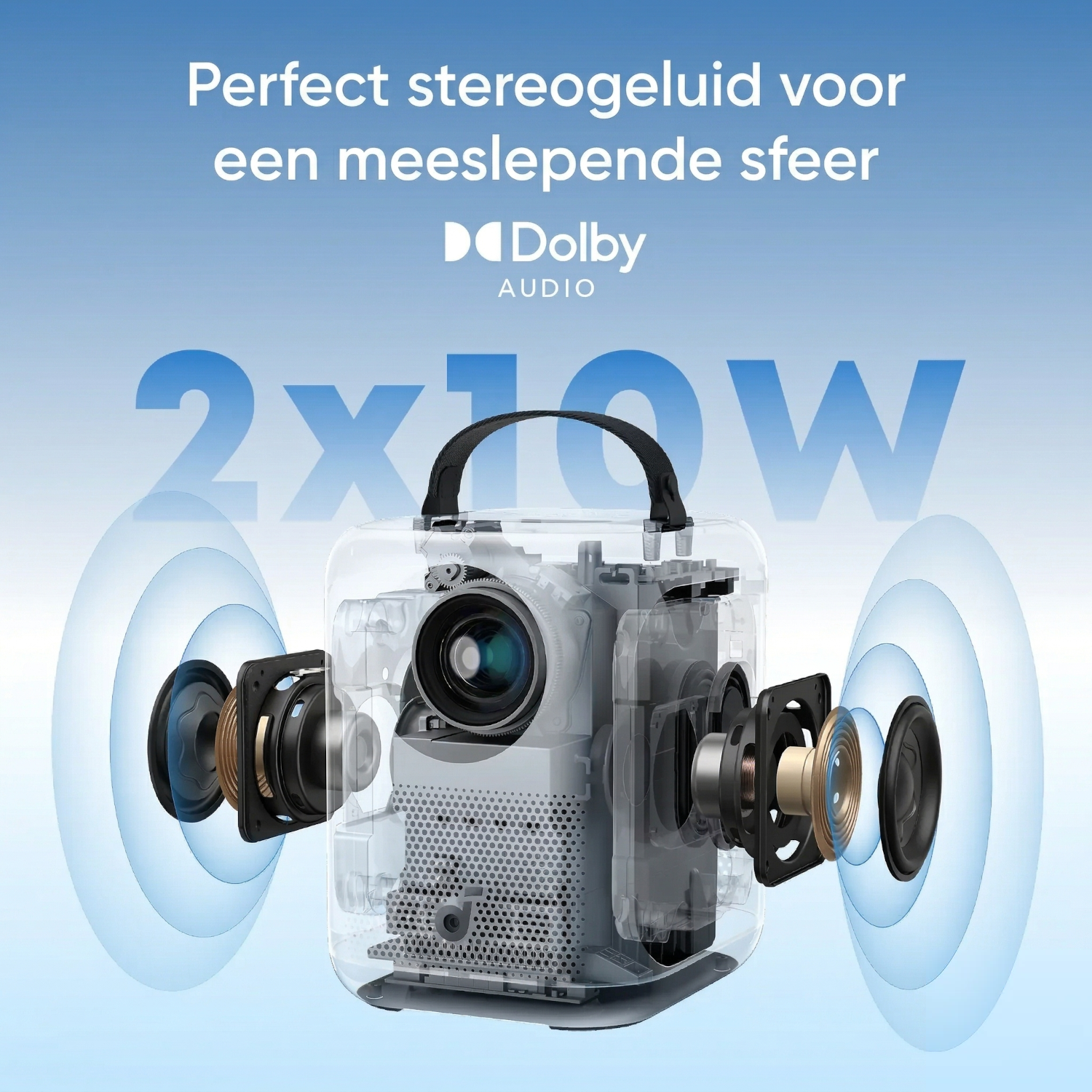Projector with Dolby Audio, 2x10W speakers creating stereo sound for immersive atmosphere.