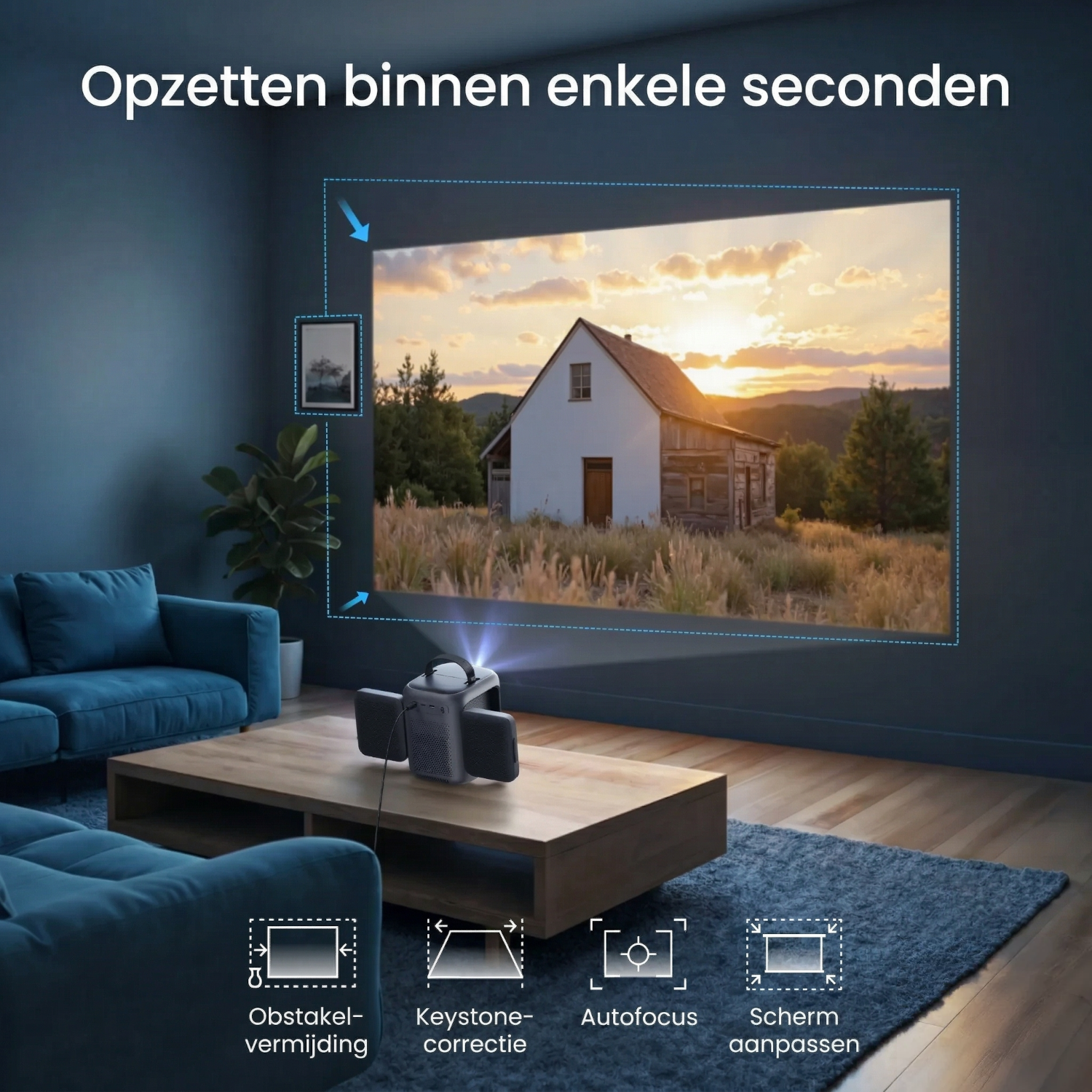 A modern living room with a projector displaying a house at sunset on the wall.