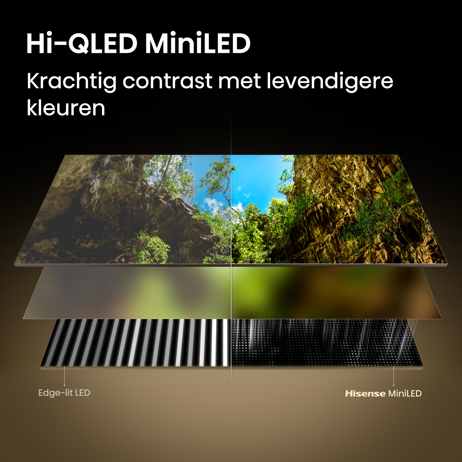Vergelijking Edge-lit LED en Hisense MiniLED met natuur- en technologiebeelden.