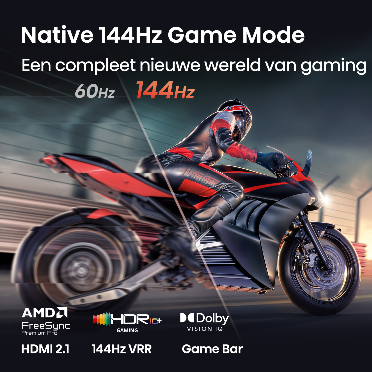 Een motorrijder in volledige uitrusting racet op een 144Hz motorfiets.